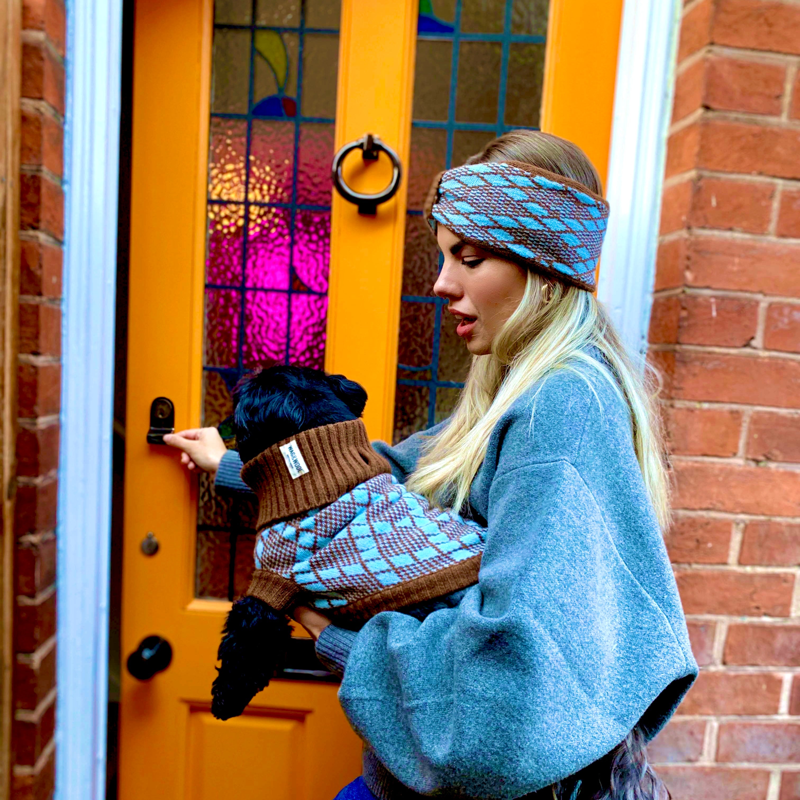 turquoise and brown knitted dog jumper and matching headband