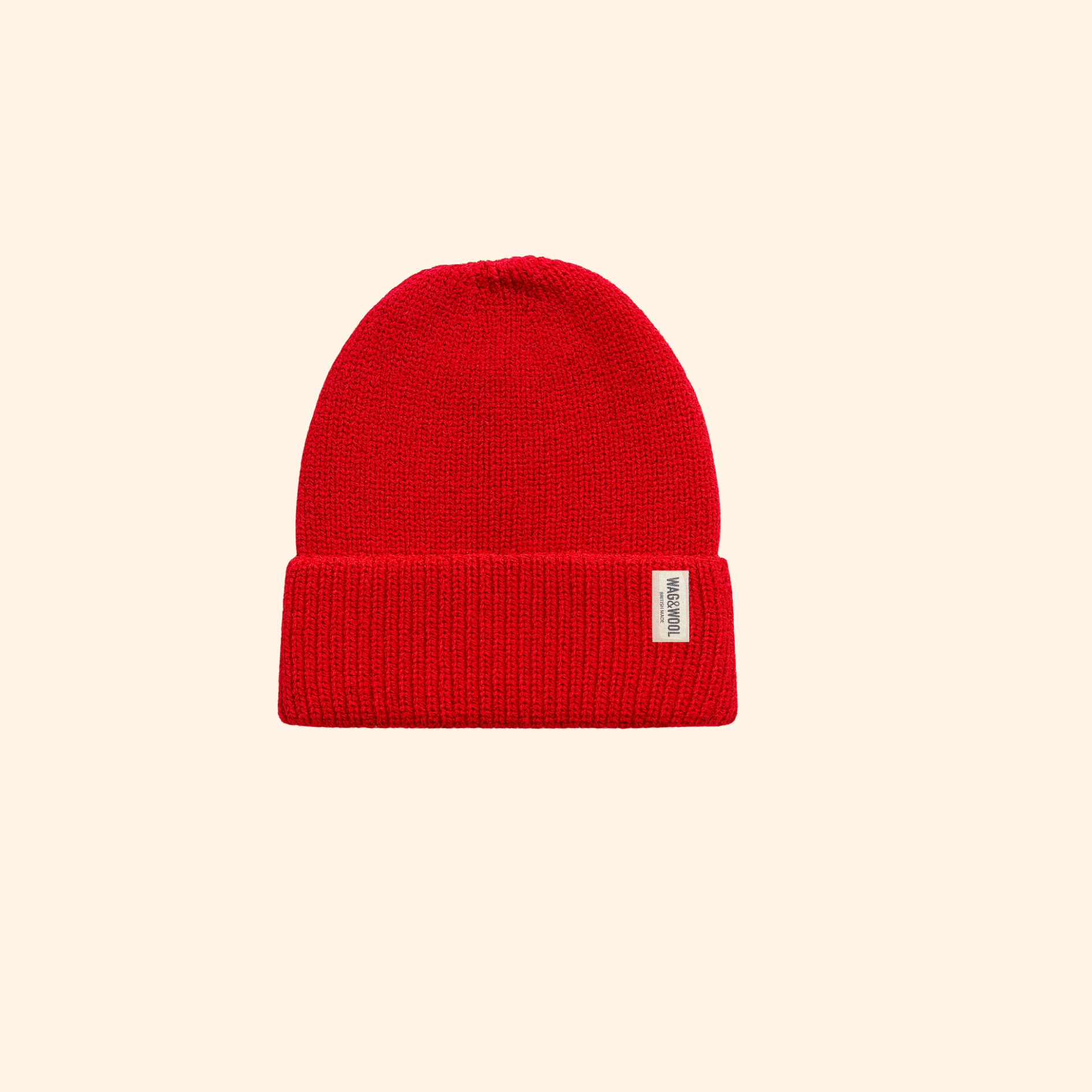 cherry red british wool beanie hat flat lay