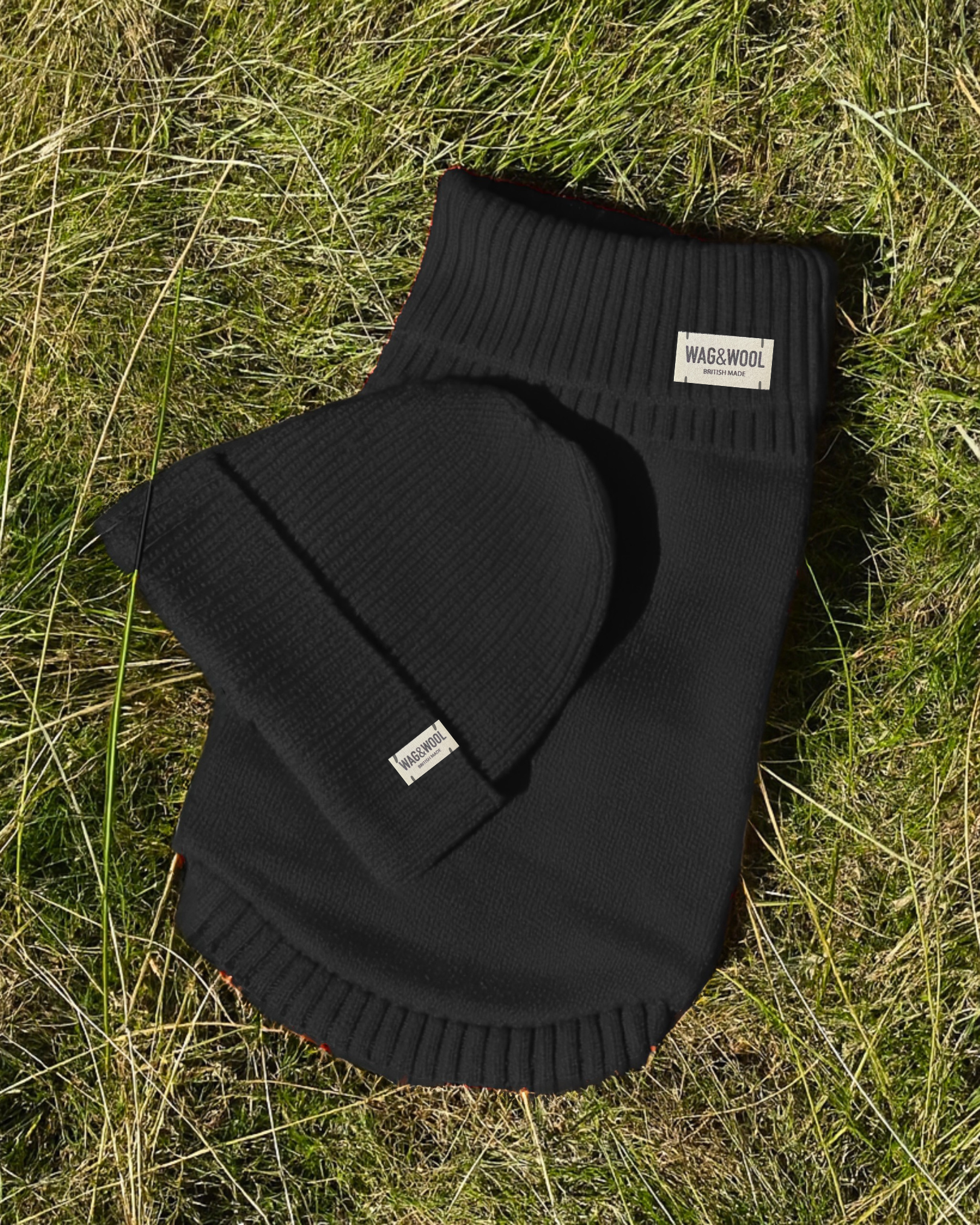 British wool black dog jumper and matching beanie hat