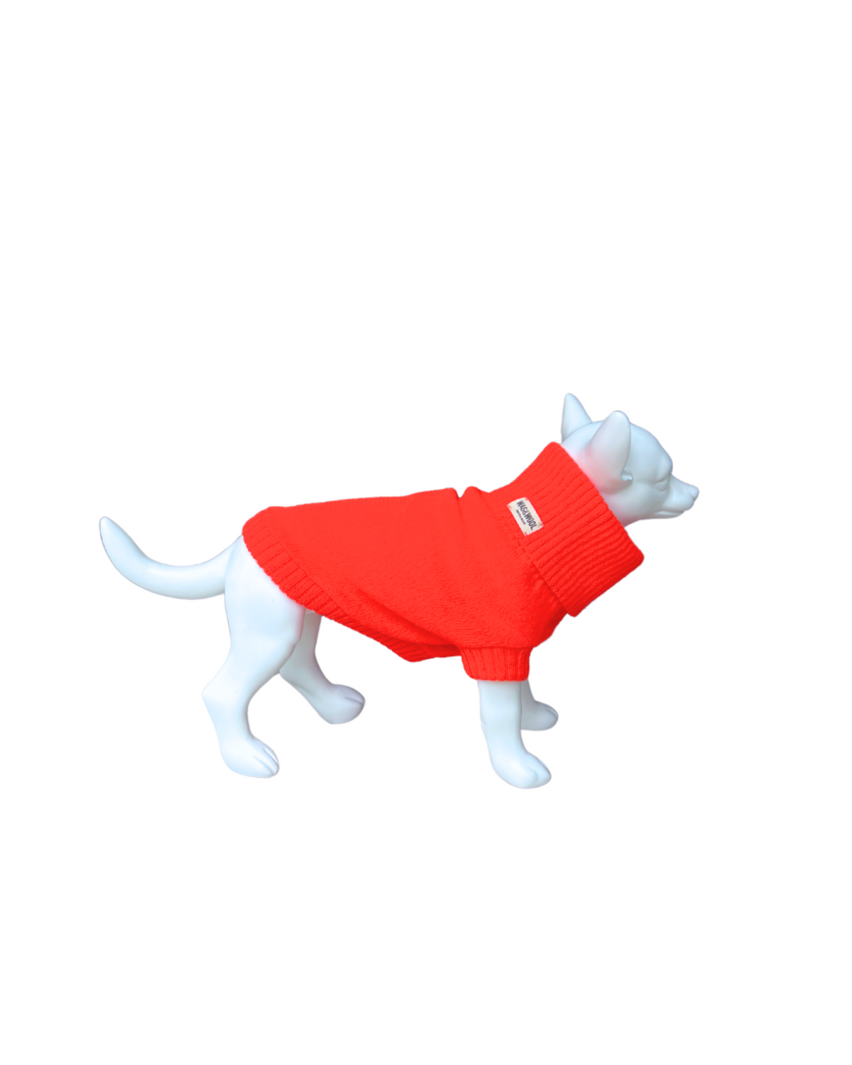 A bright orange knit dog sweater shown on a white dog mannequin against a plain white background.