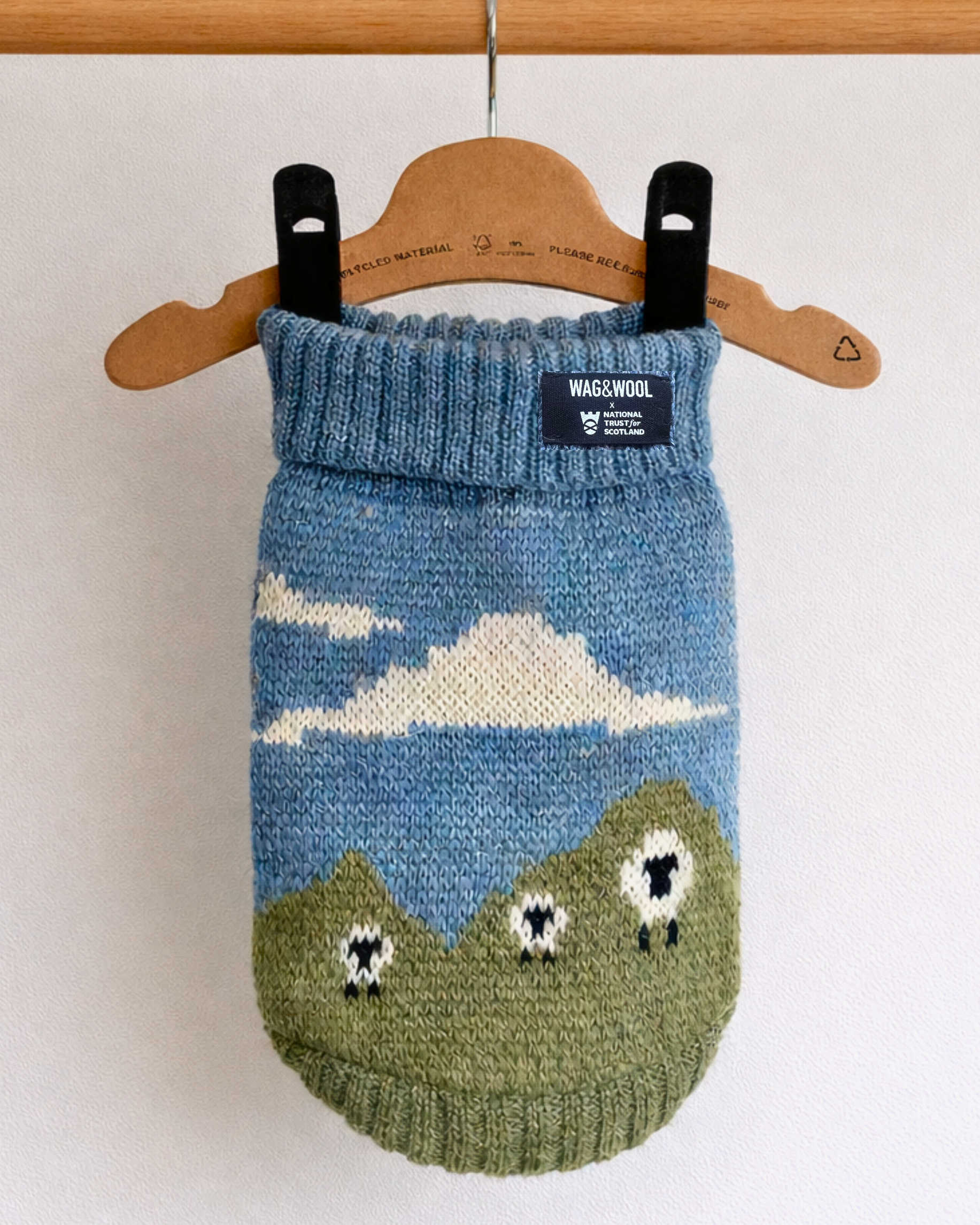 A knitted pet sweater in blue and green with a cloud and sheep motif, hanging from a wooden hanger on a wooden rod against a white wall.