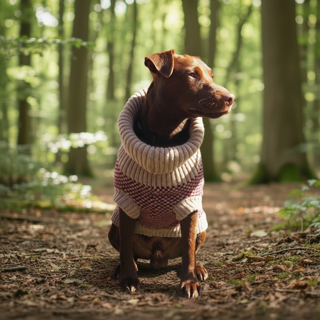 Dog wearing a sweater in a forest setting