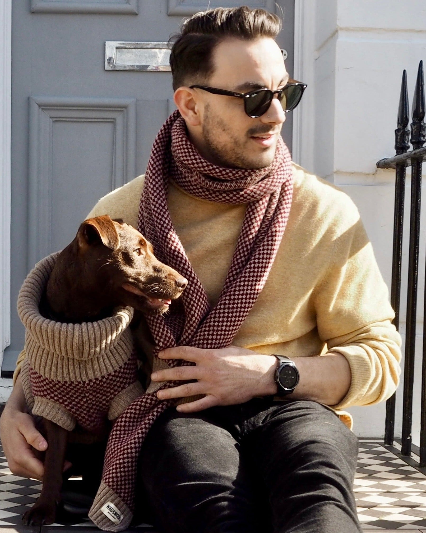 Mens Burgundy Wool Scarf and a dog with a matching jumper
