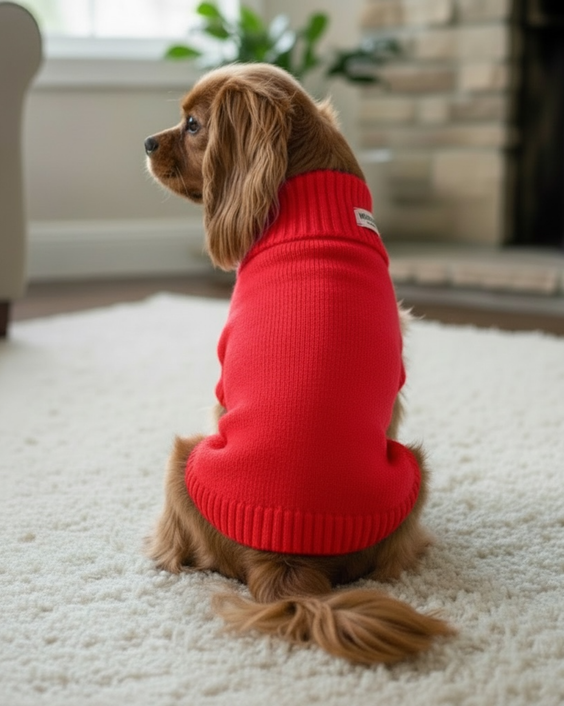 Dog wearing a red sweater sitting on a carpeted floor in a living room.