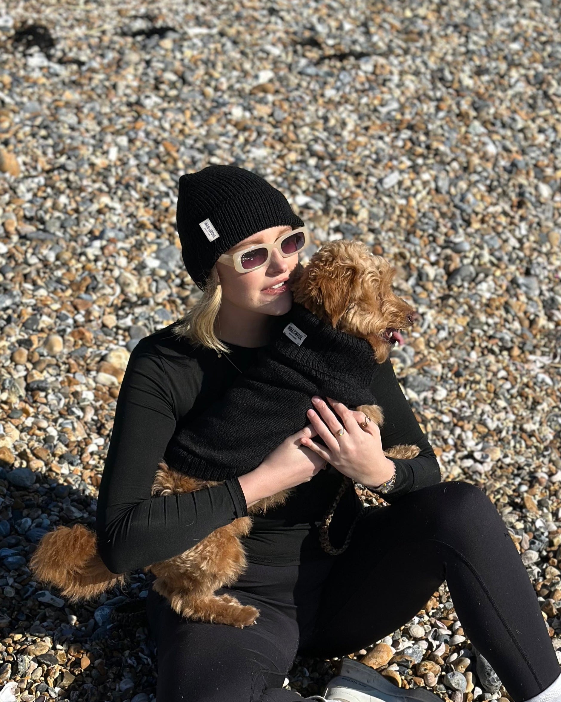 black dog jumper and matching beanie hat