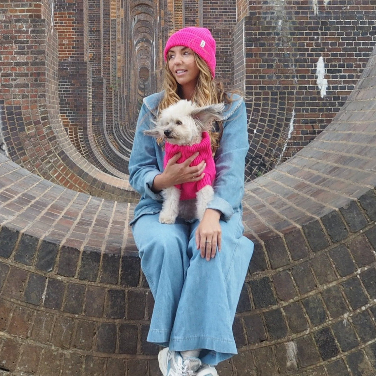 pink woolly hat and dog jumper