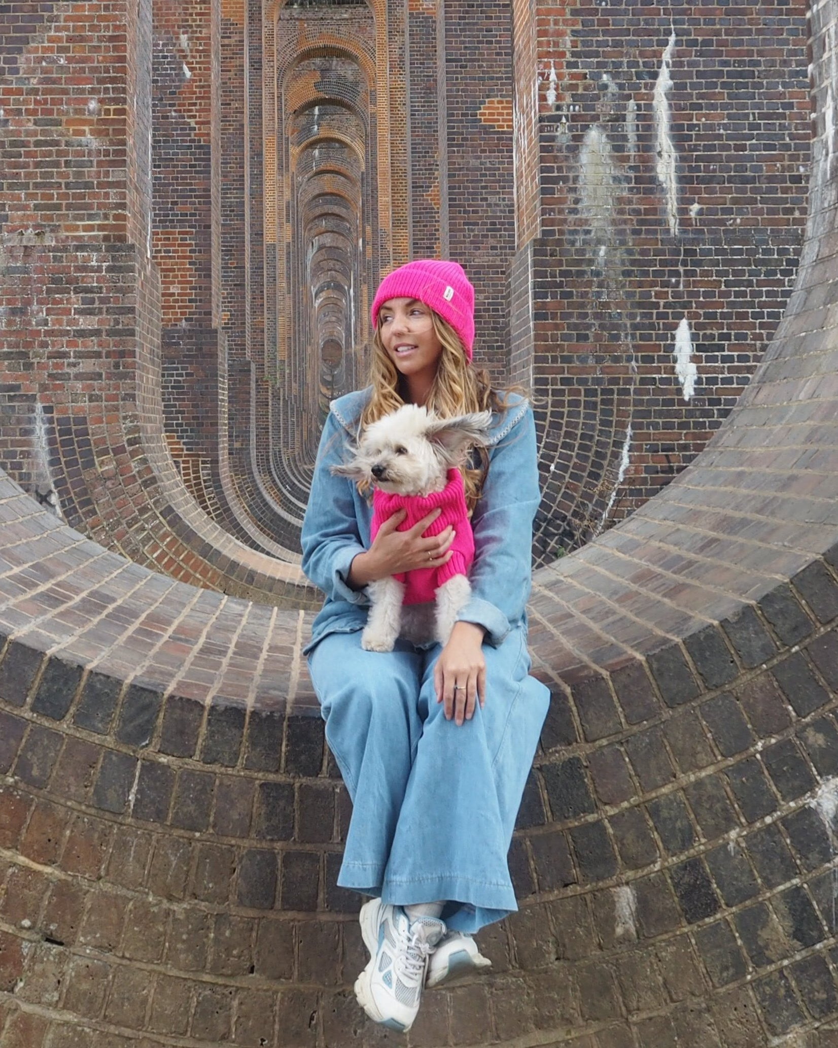 pink woolly hat and dog jumper