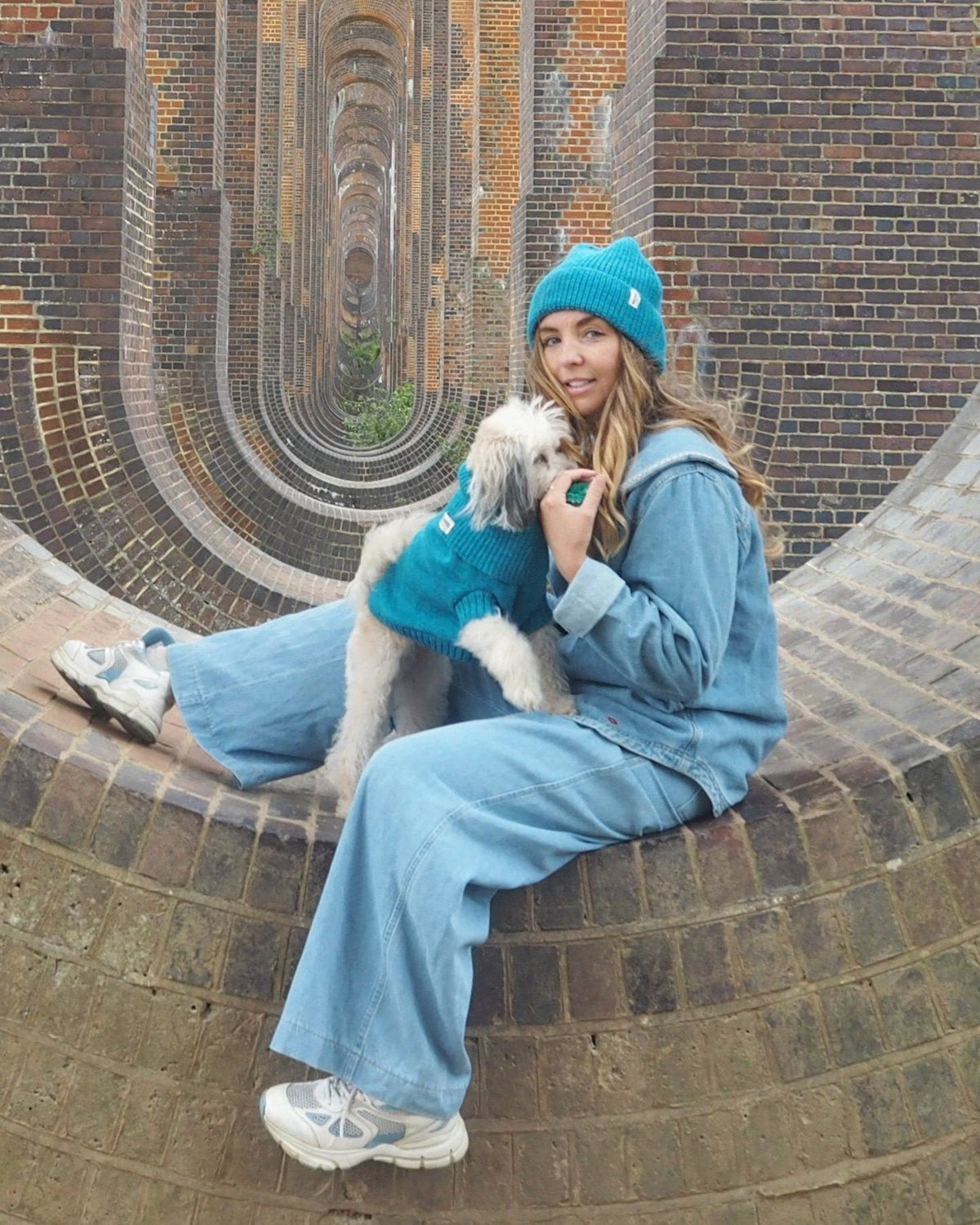cerulean blue dog jumper and matching hat set