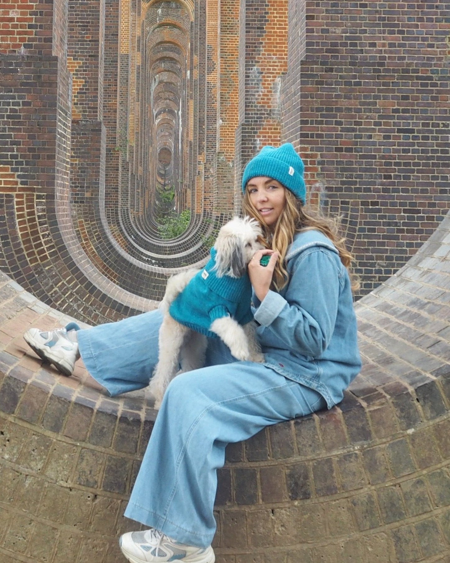 cerulean blue dog jumper and matching hat set