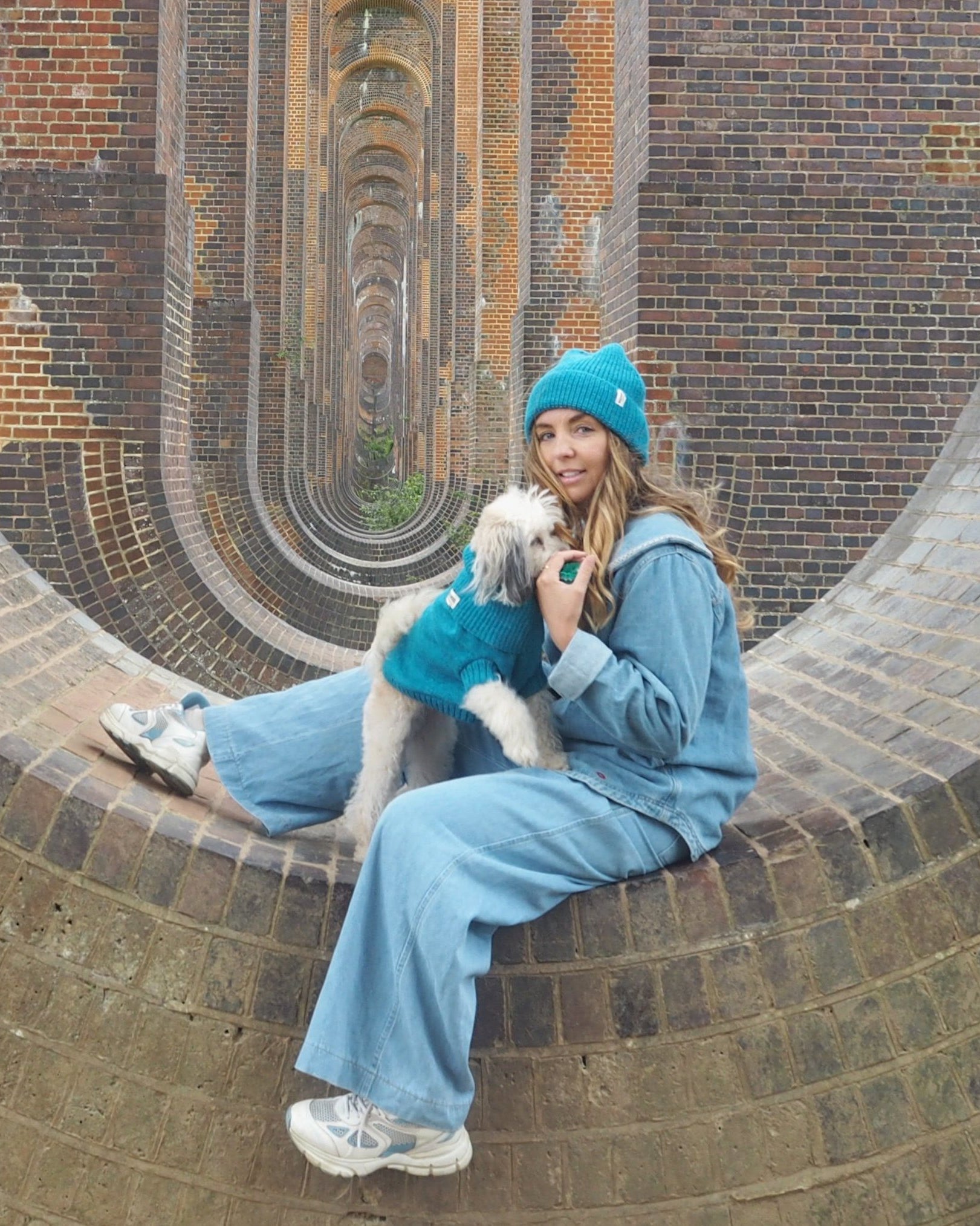 cerulean blue dog jumper and matching hat set