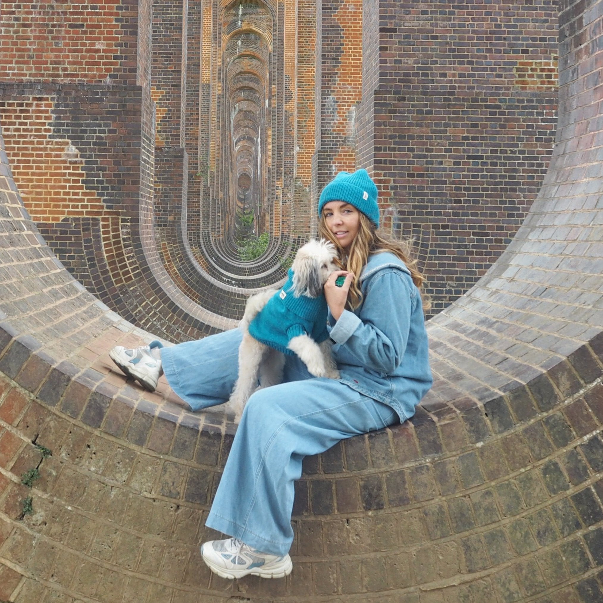 cerulean blue dog jumper and matching hat set