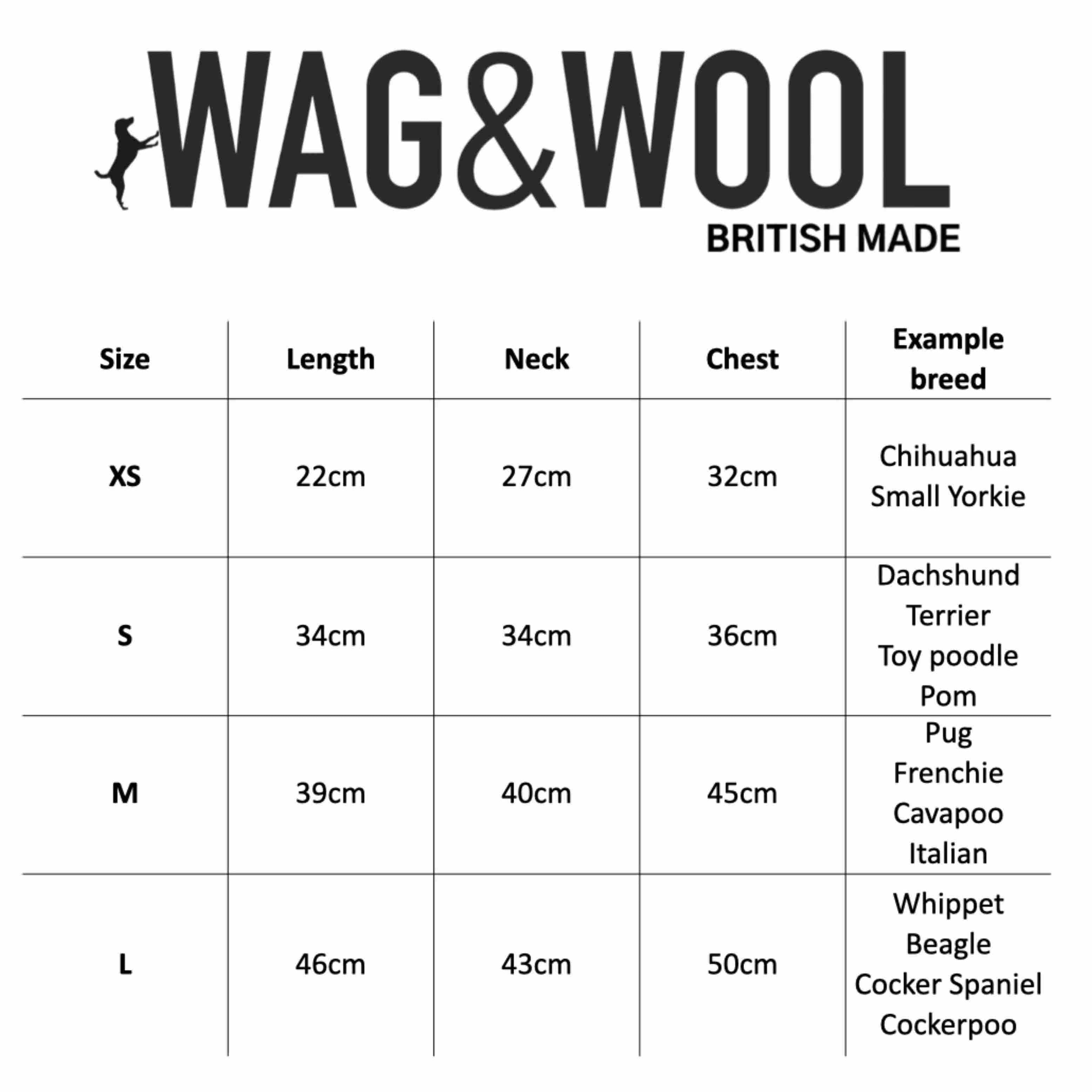 DOG JUMPER SIZE CHART