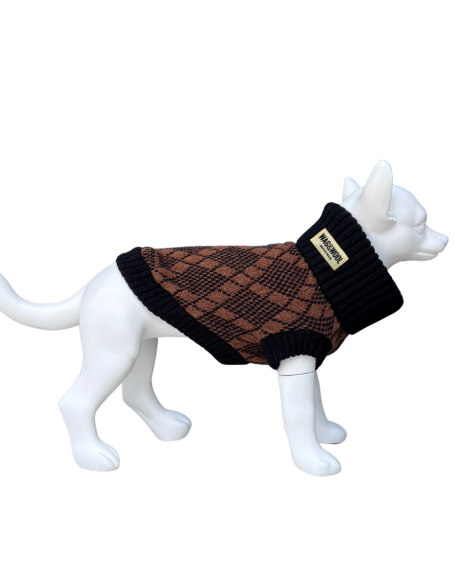 Black and brown argyle dog jumper