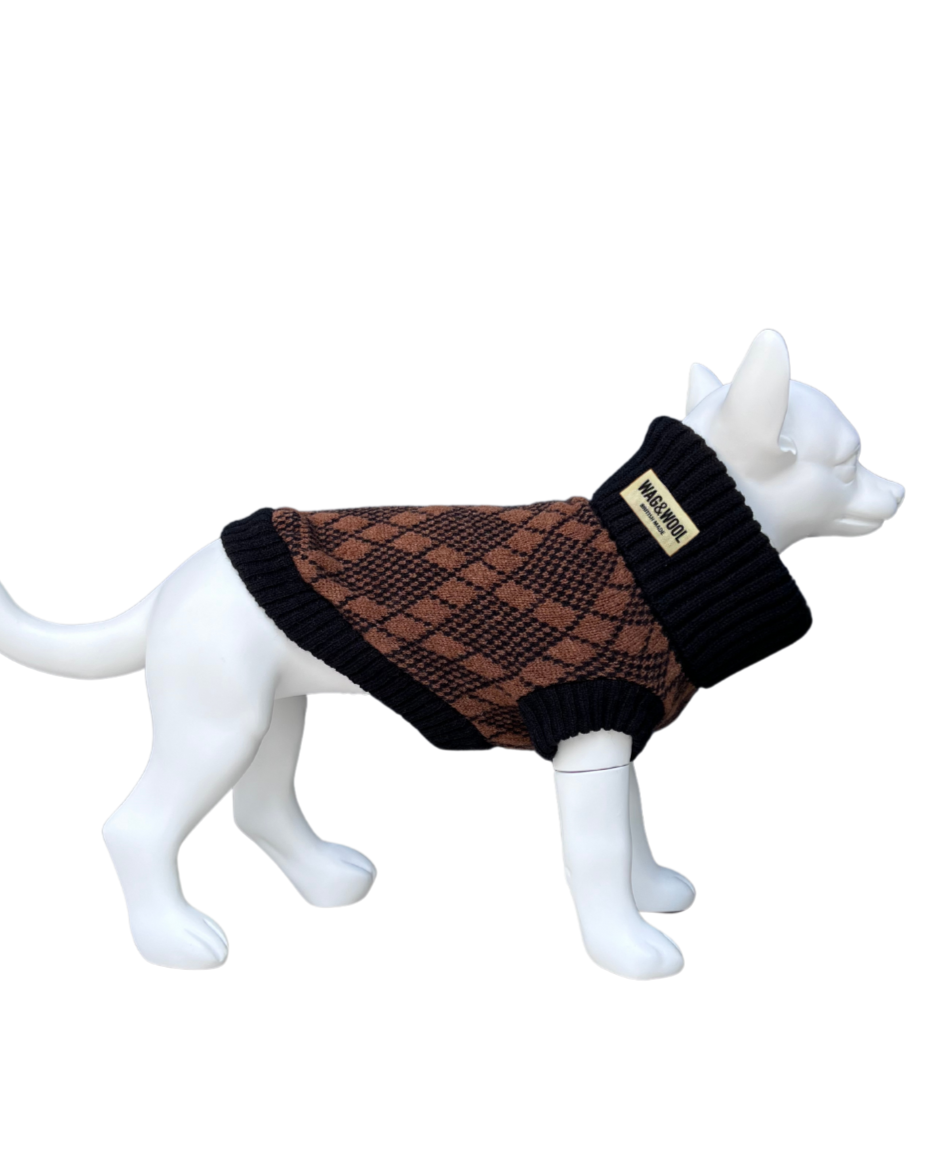 Black and brown argyle dog jumper