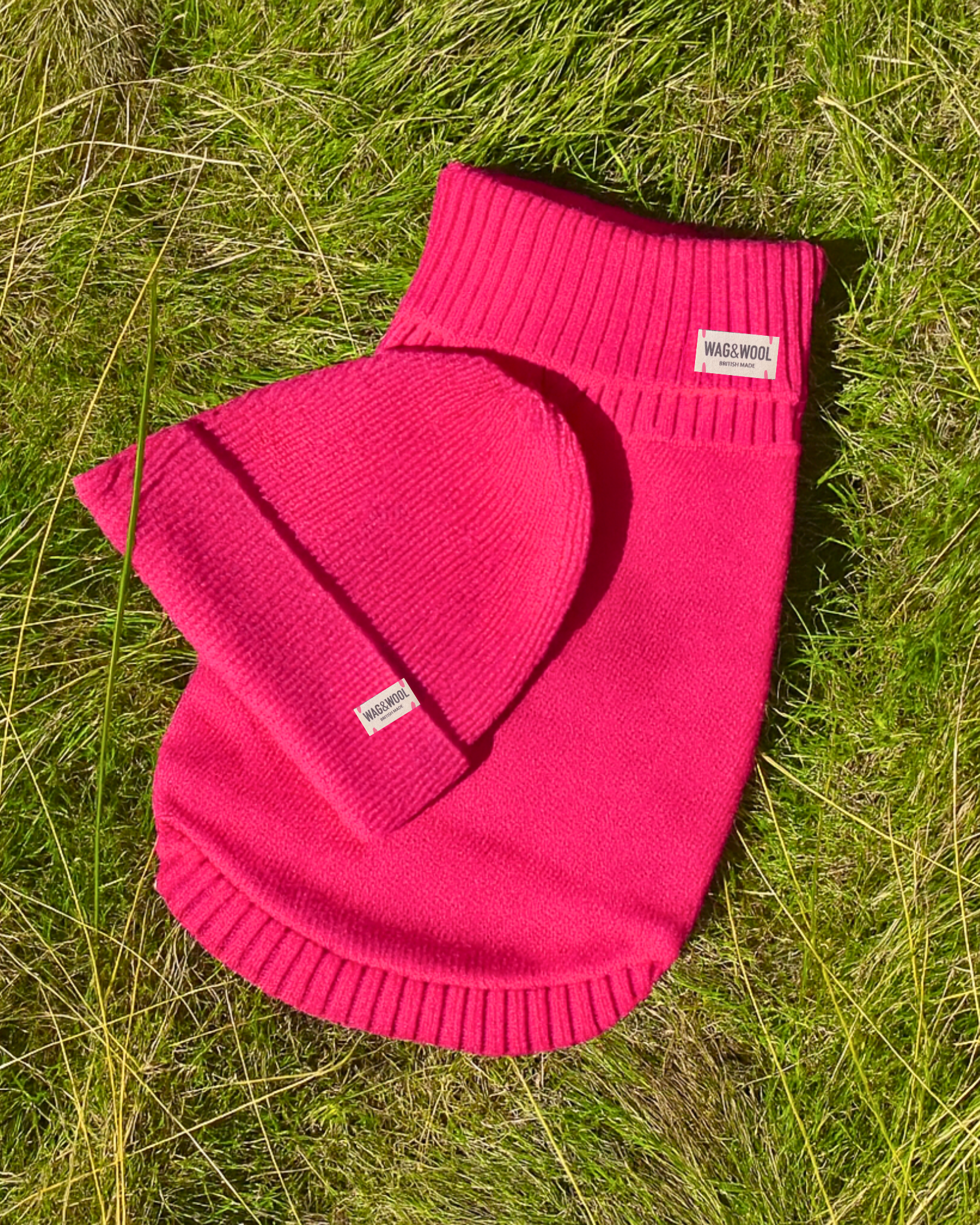 fandango pink dog jumper and matching beanie hat in british wool