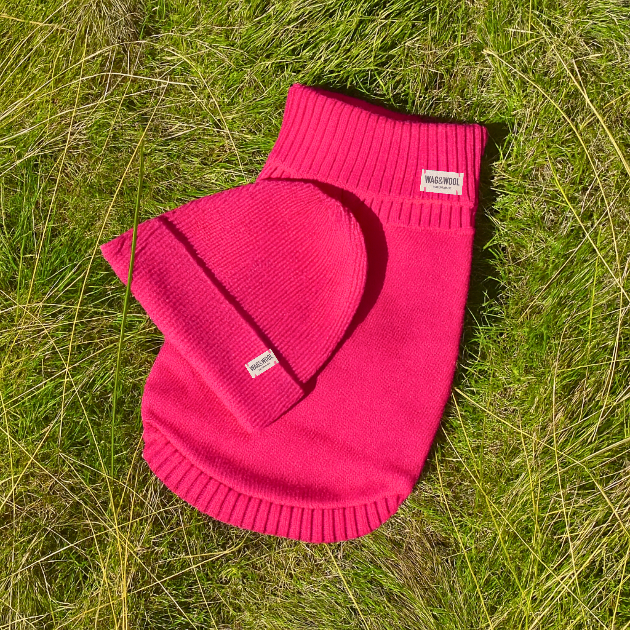 fandango pink dog jumper and matching beanie hat in british wool