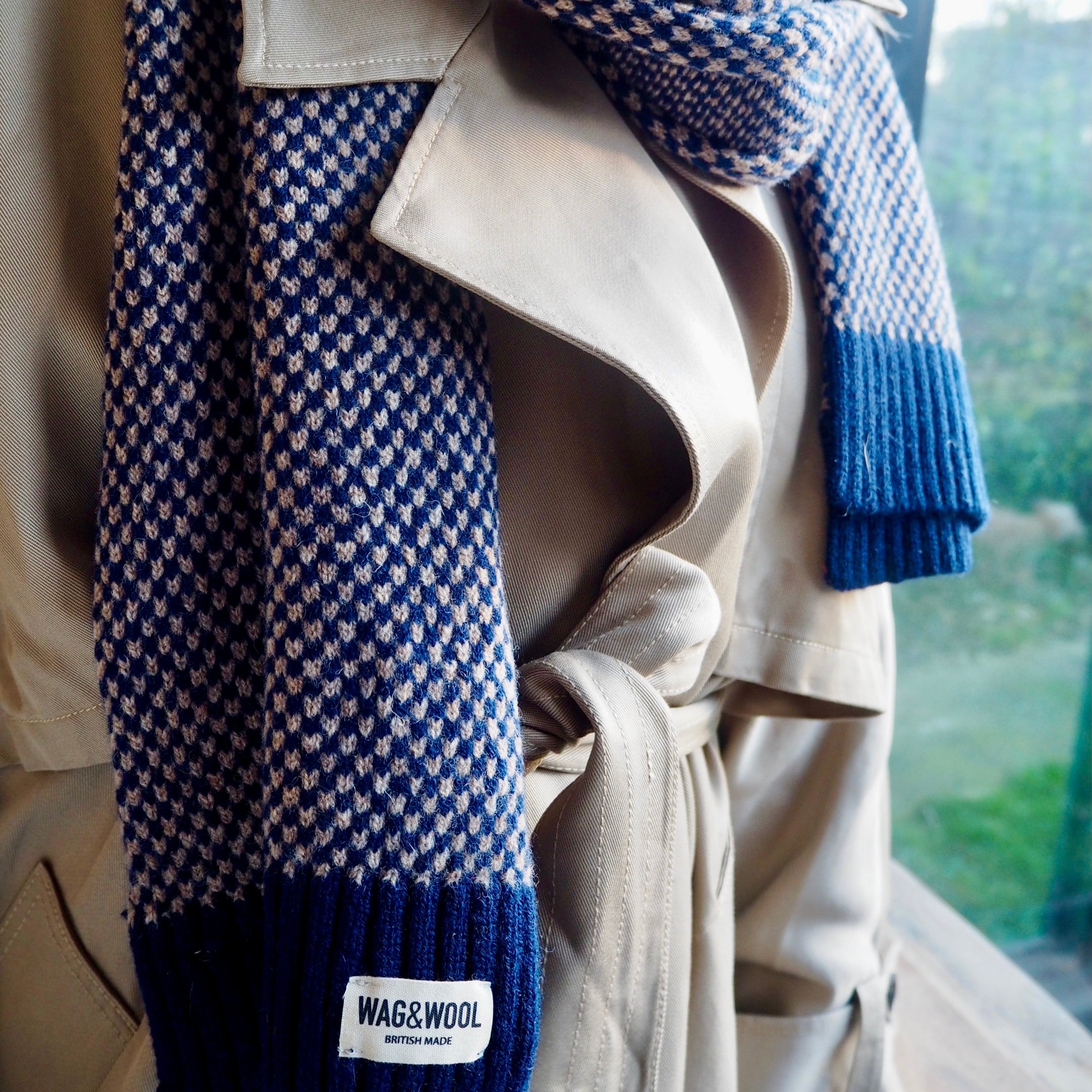 navy wool scarf over a classic mac