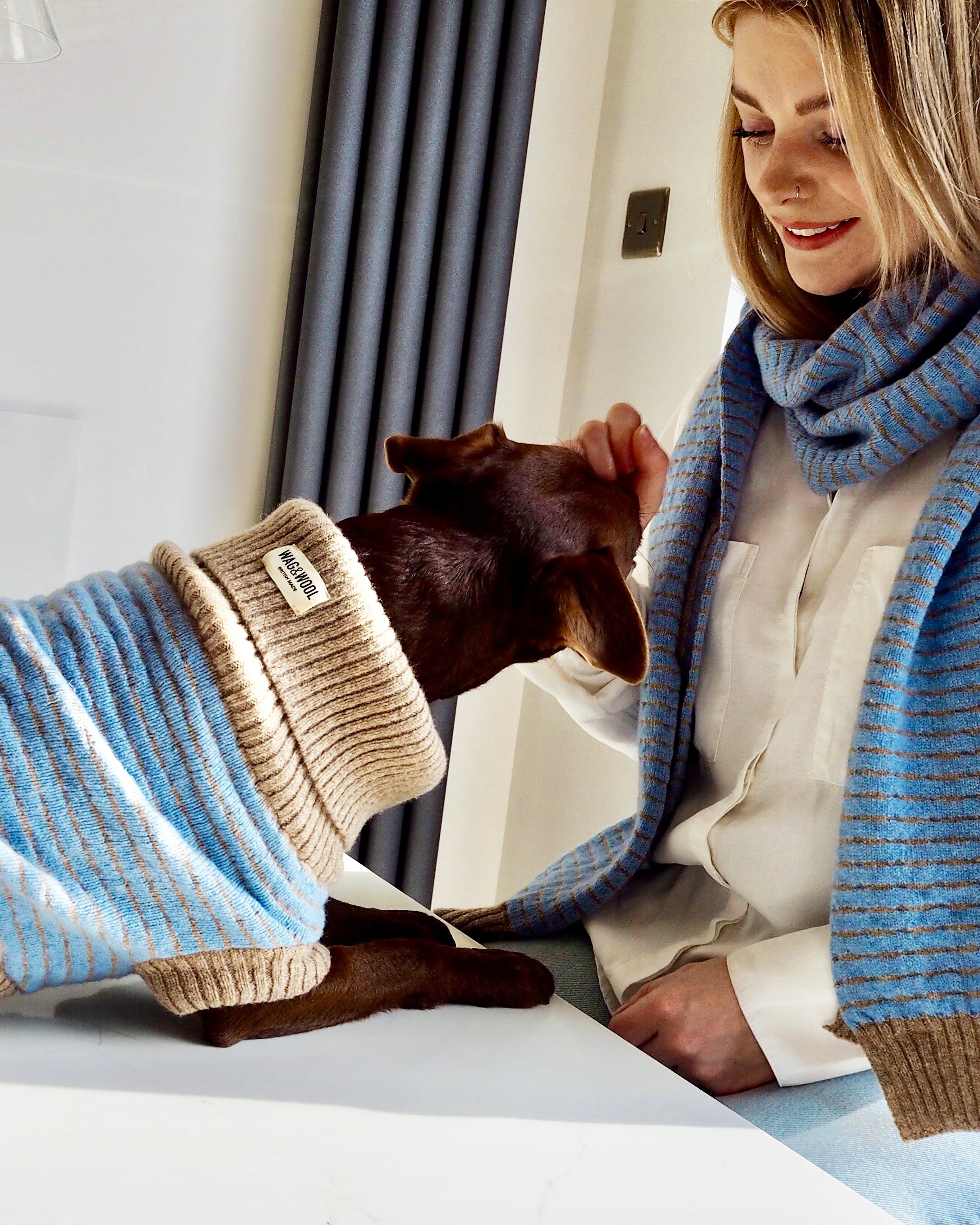 sky blue dog jumper and matching scarf