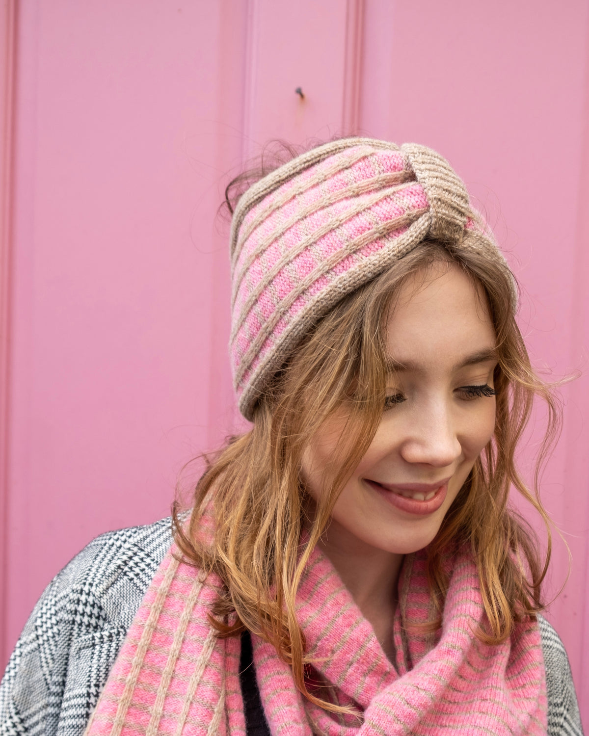 Pink Wool Headband on a lady