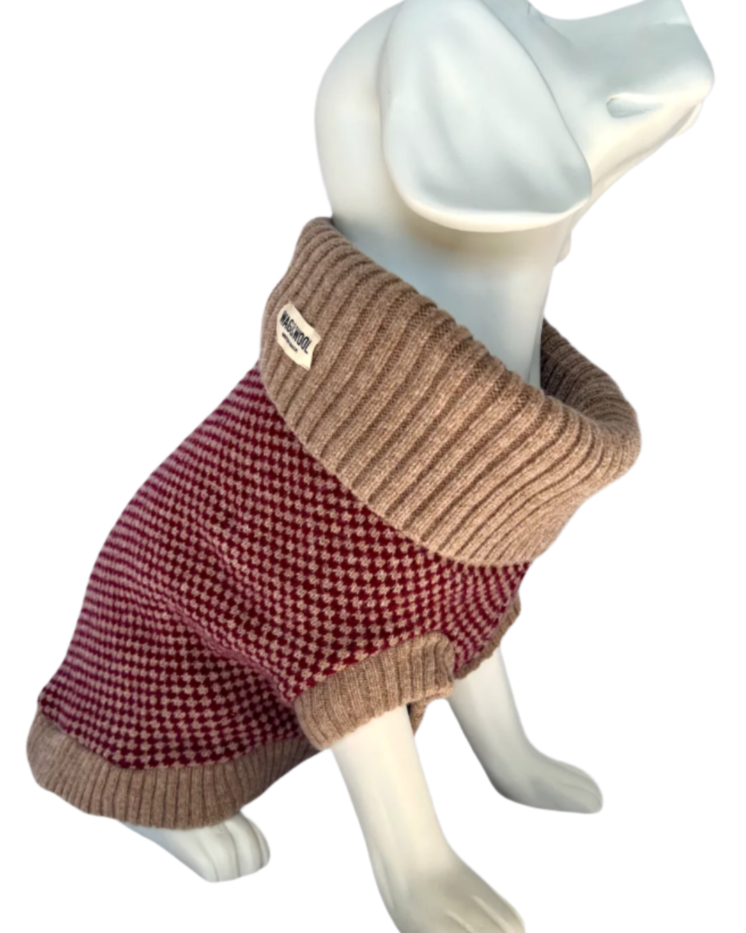 dog mannequin in a burgundy jumper