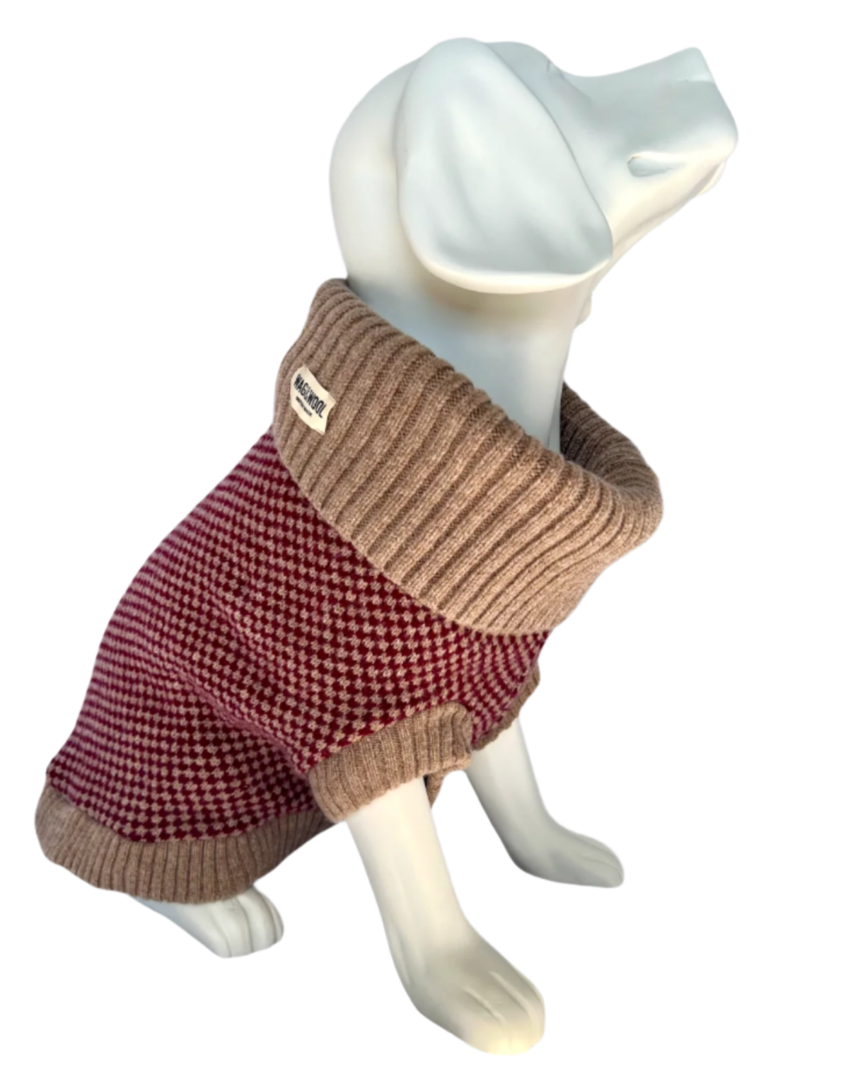 dog mannequin in a burgundy jumper