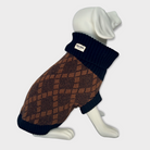 black and brown knitted dog jumper on dog mannequin