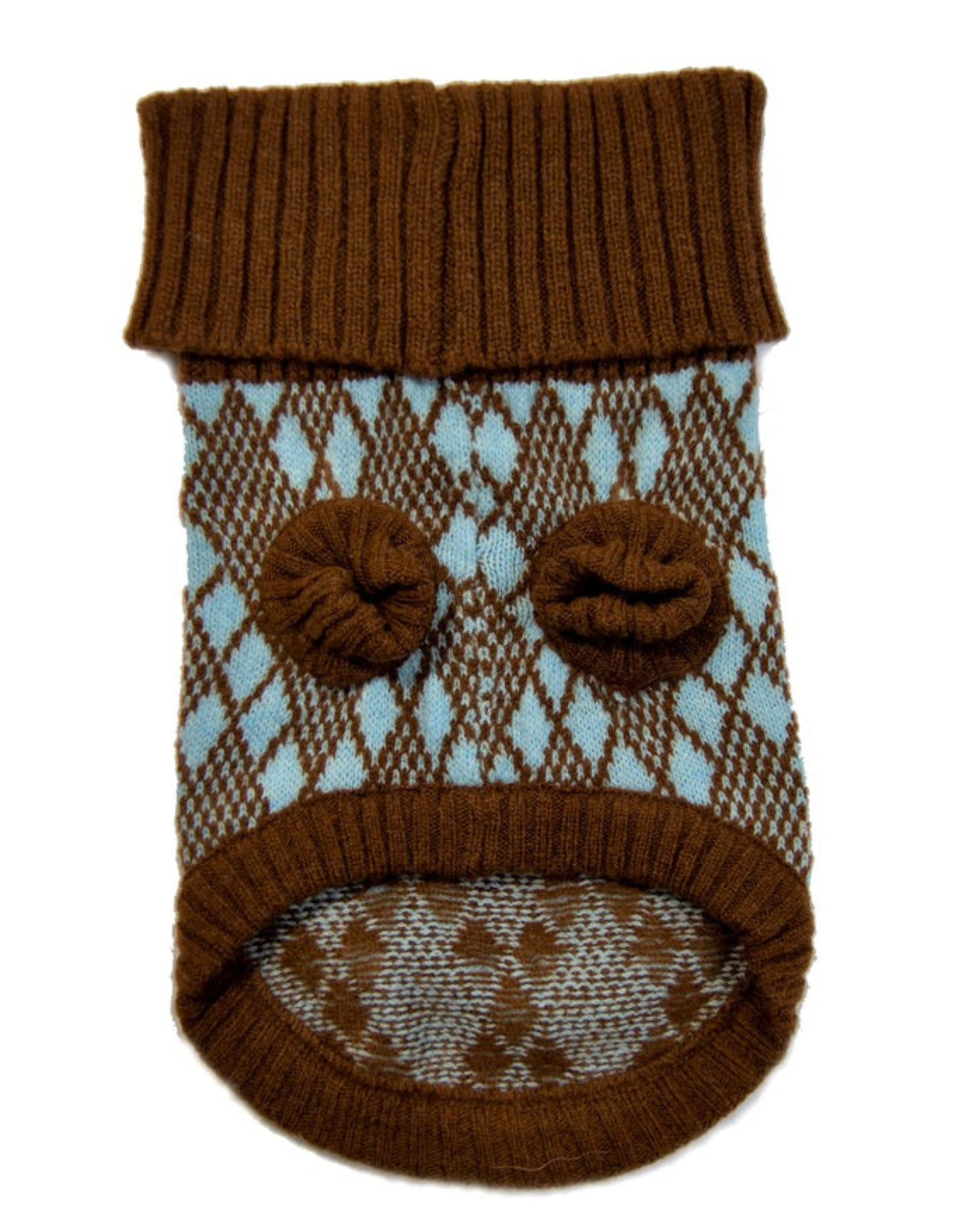 flat lay of turquoise and brown dog jumper