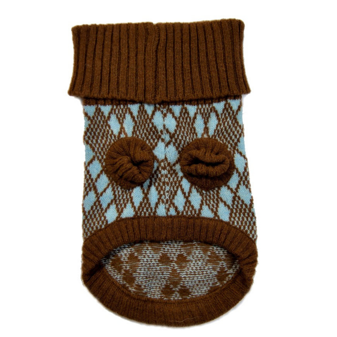 flat lay of turquoise and brown dog jumper