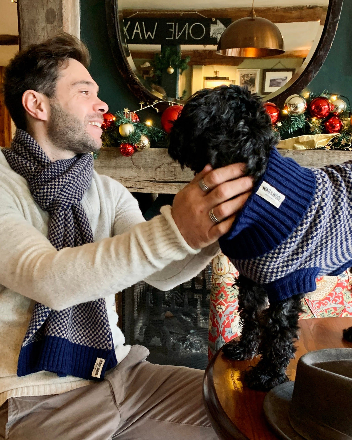 dog and dad in matching outfits
