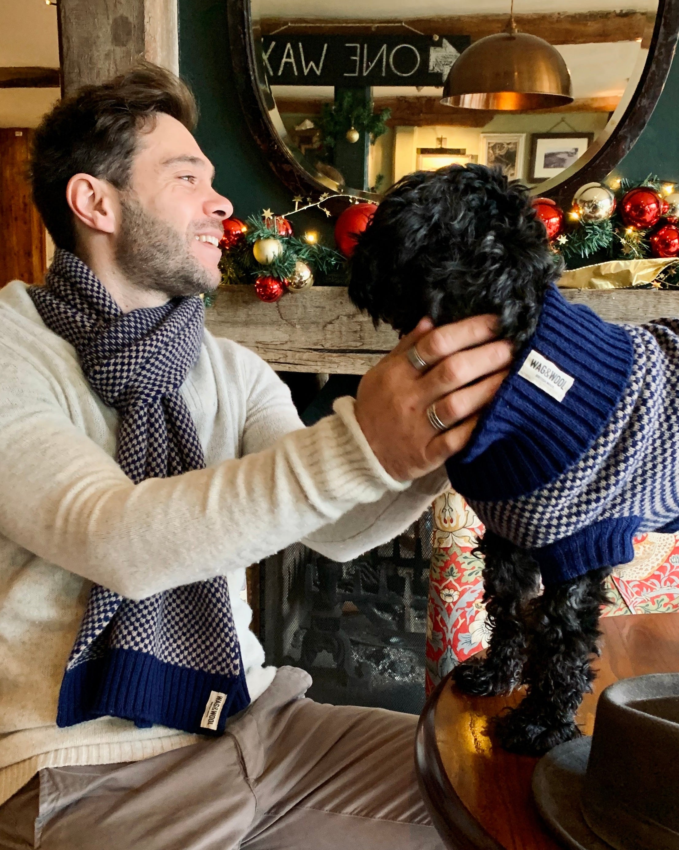 dog and dad in matching outfits