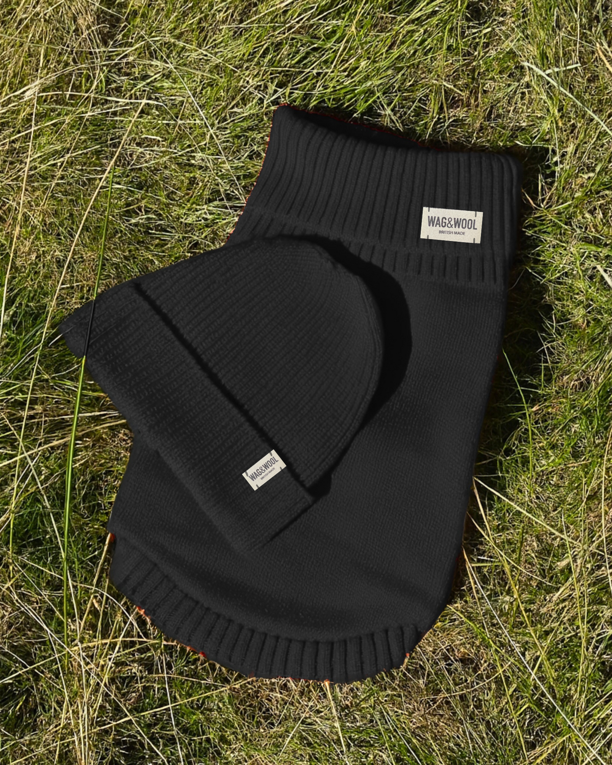 British wool black dog jumper and matching beanie hat
