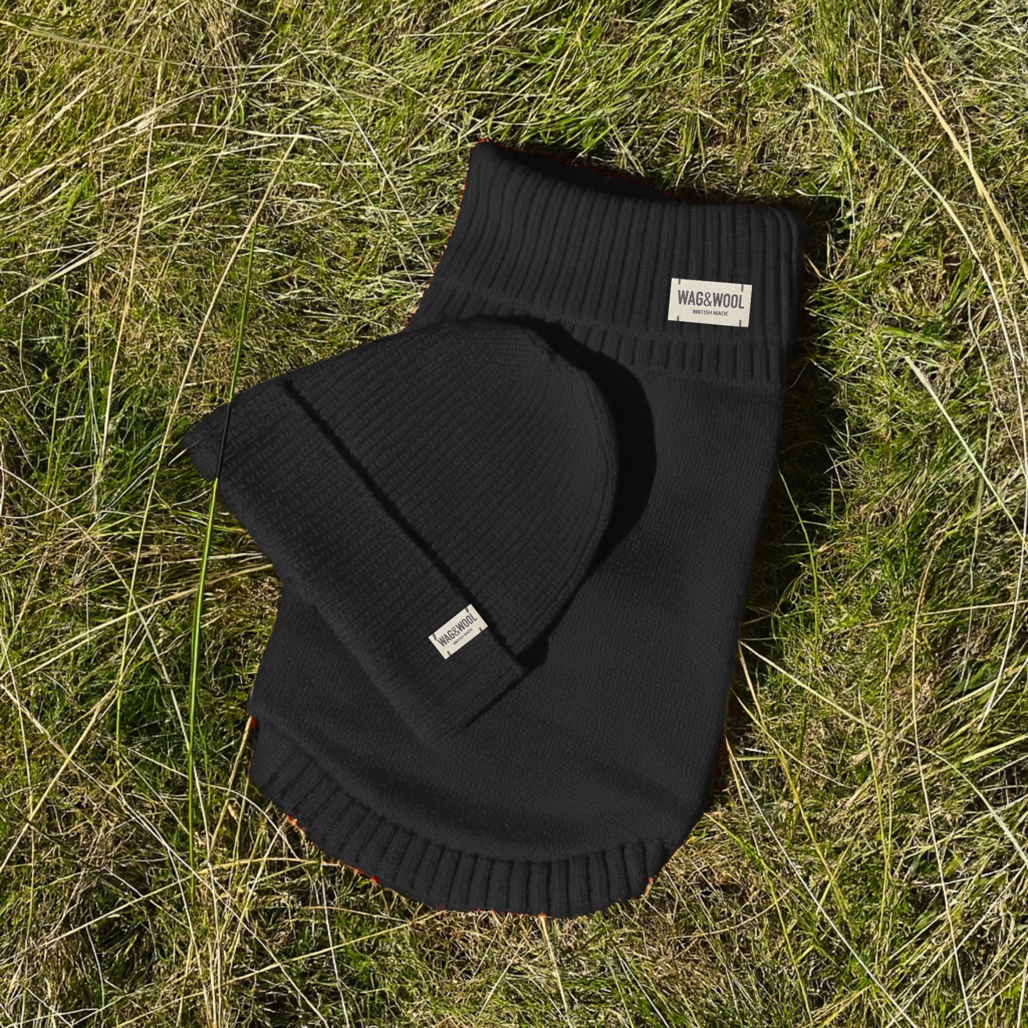 British wool black dog jumper and matching beanie hat

