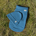 blue dog jumper and matching beanie hat 
