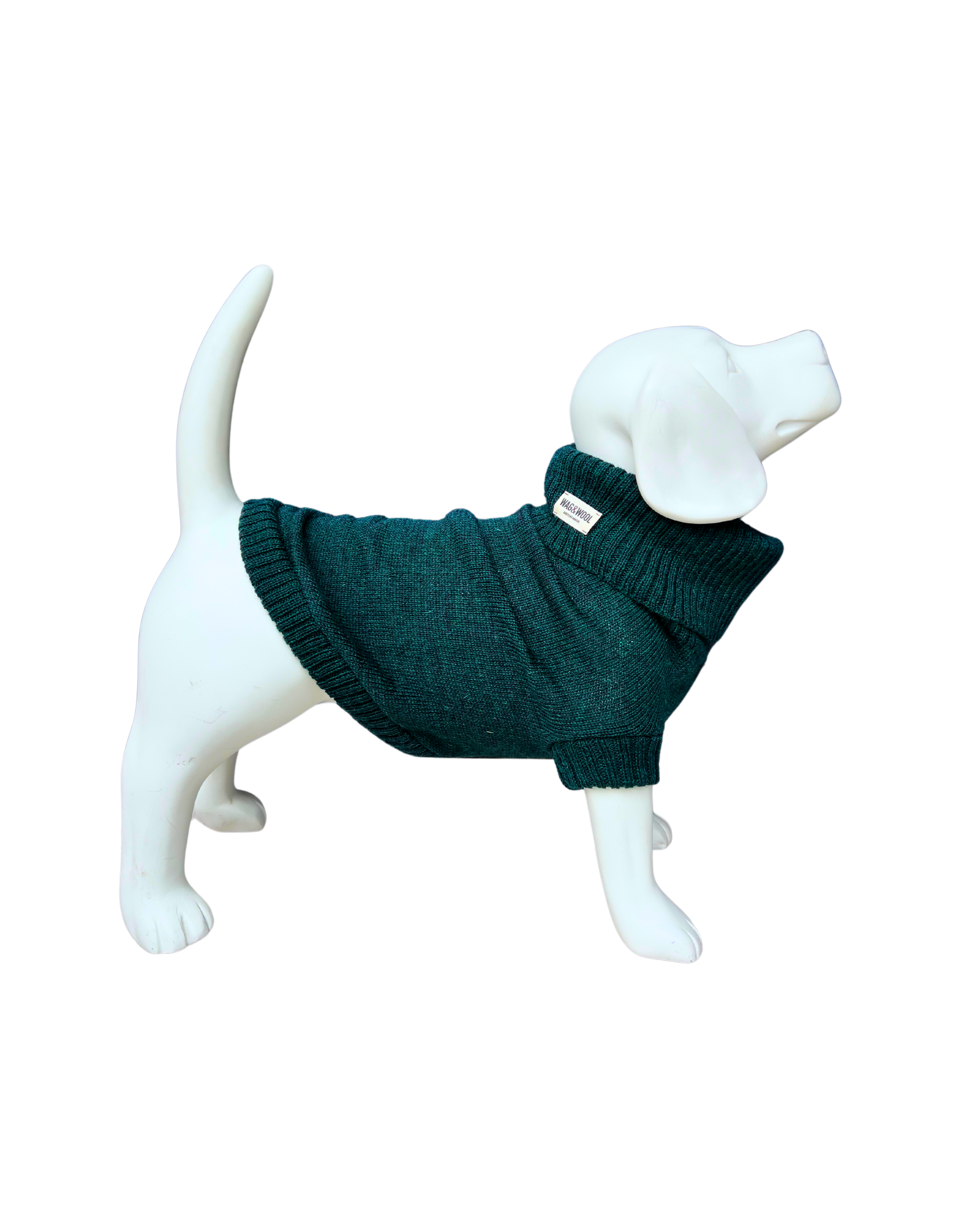 A white dog mannequin wearing a dark green knit dog sweater, shown against a plain white background.
