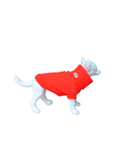 A bright orange knit dog sweater shown on a white dog mannequin against a plain white background.