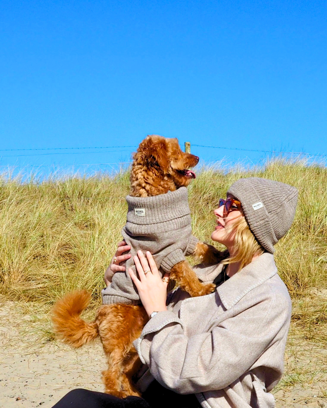 oatmeal dog jumper and matching beanie hat
