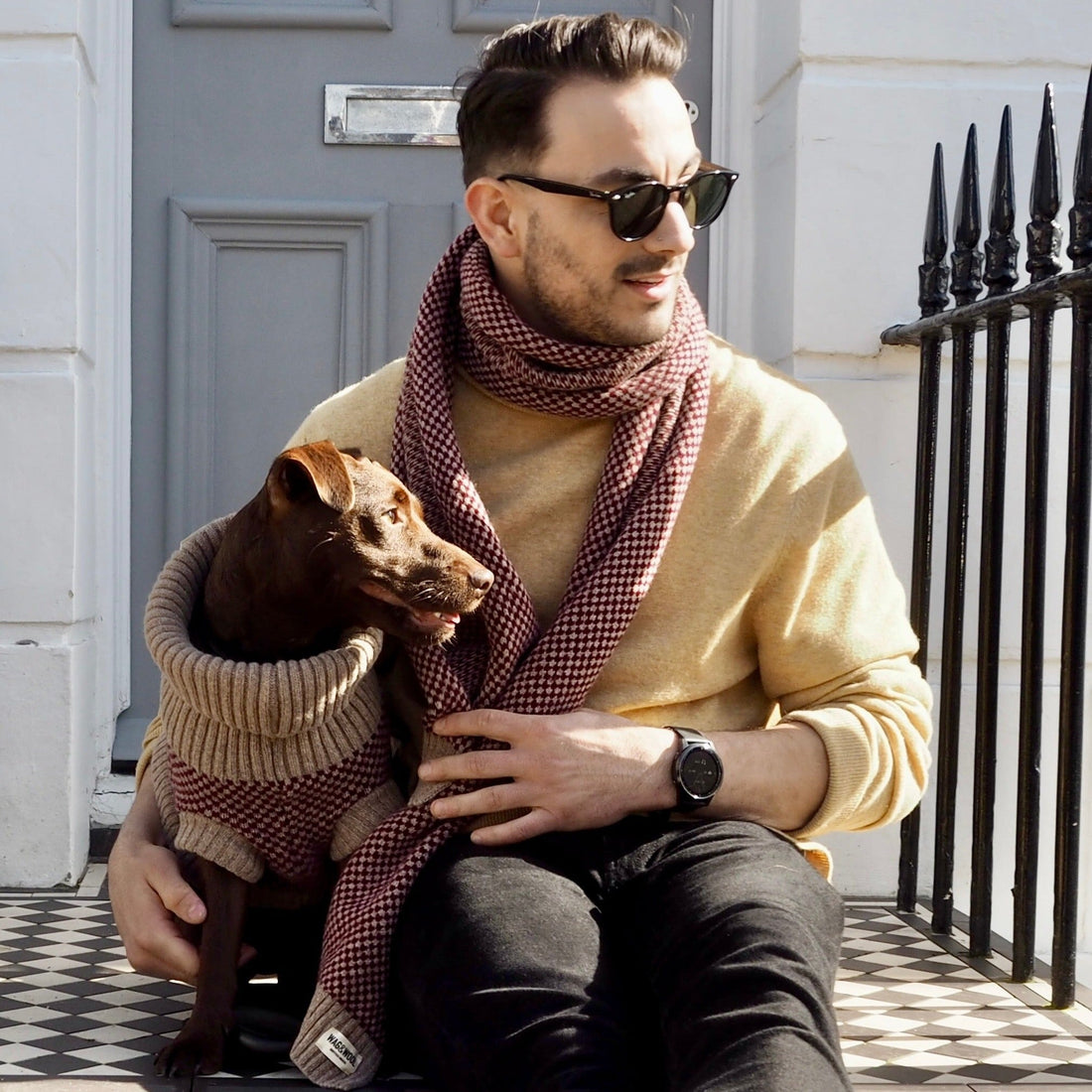 Mens Burgundy Wool Scarf and a dog with a matching jumper 