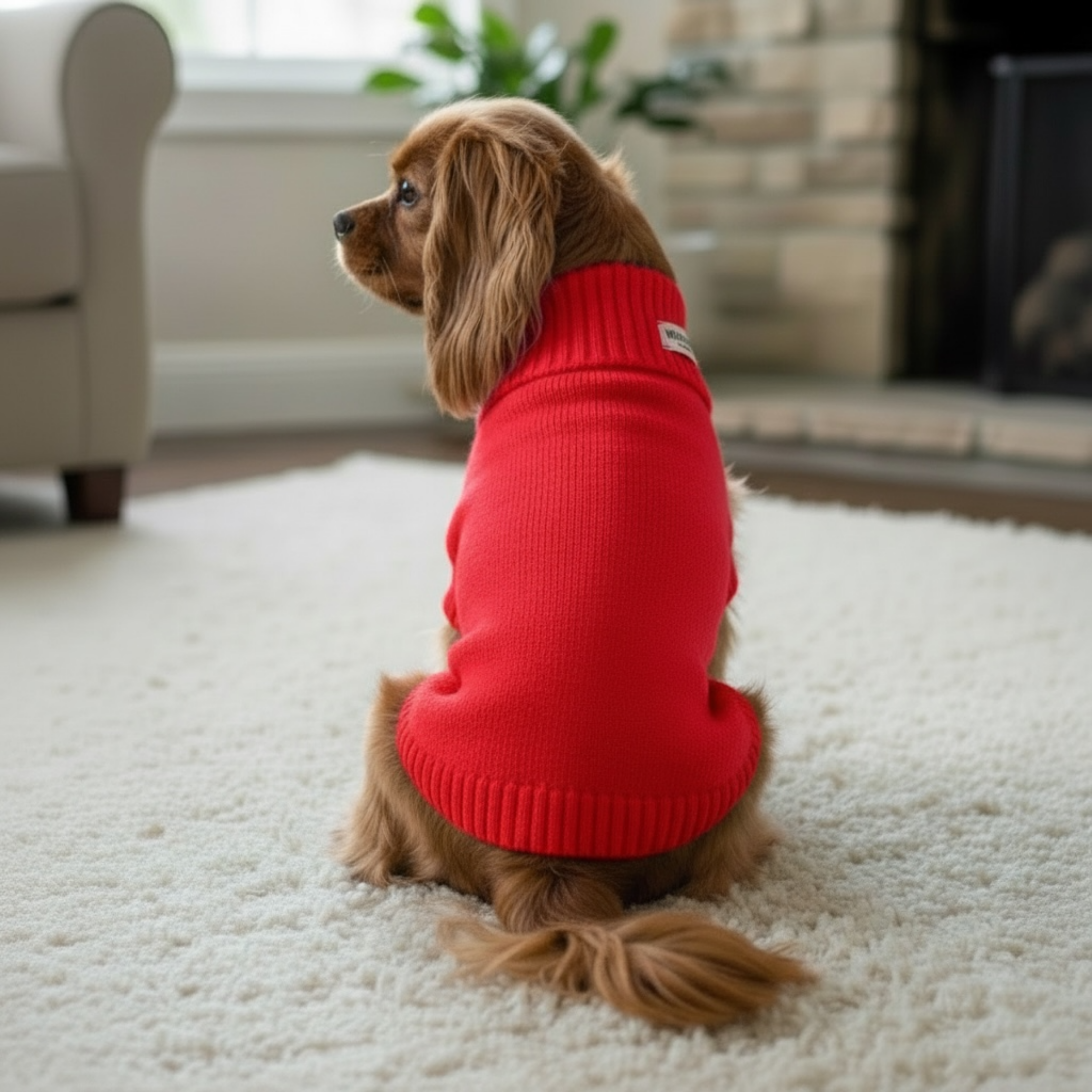Dog wearing a red sweater sitting on a carpeted floor in a living room.