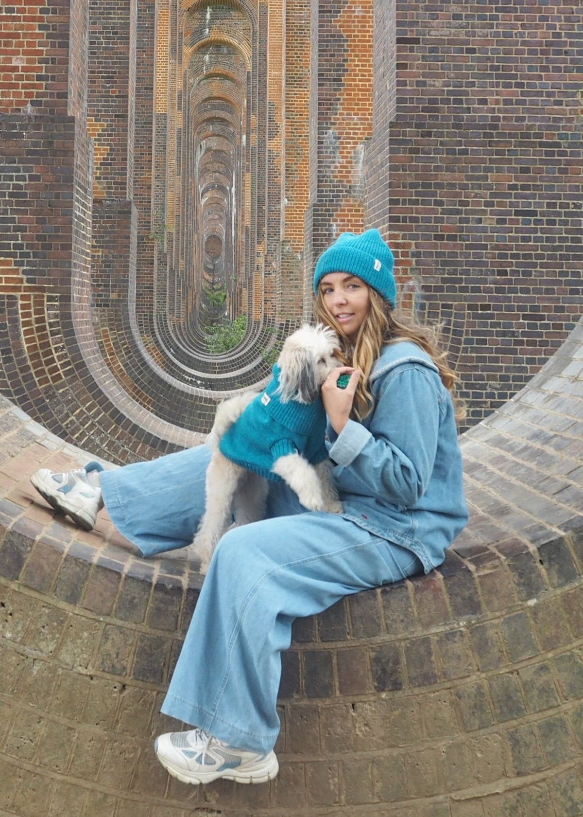 cerulean blue dog jumper and matching hat set