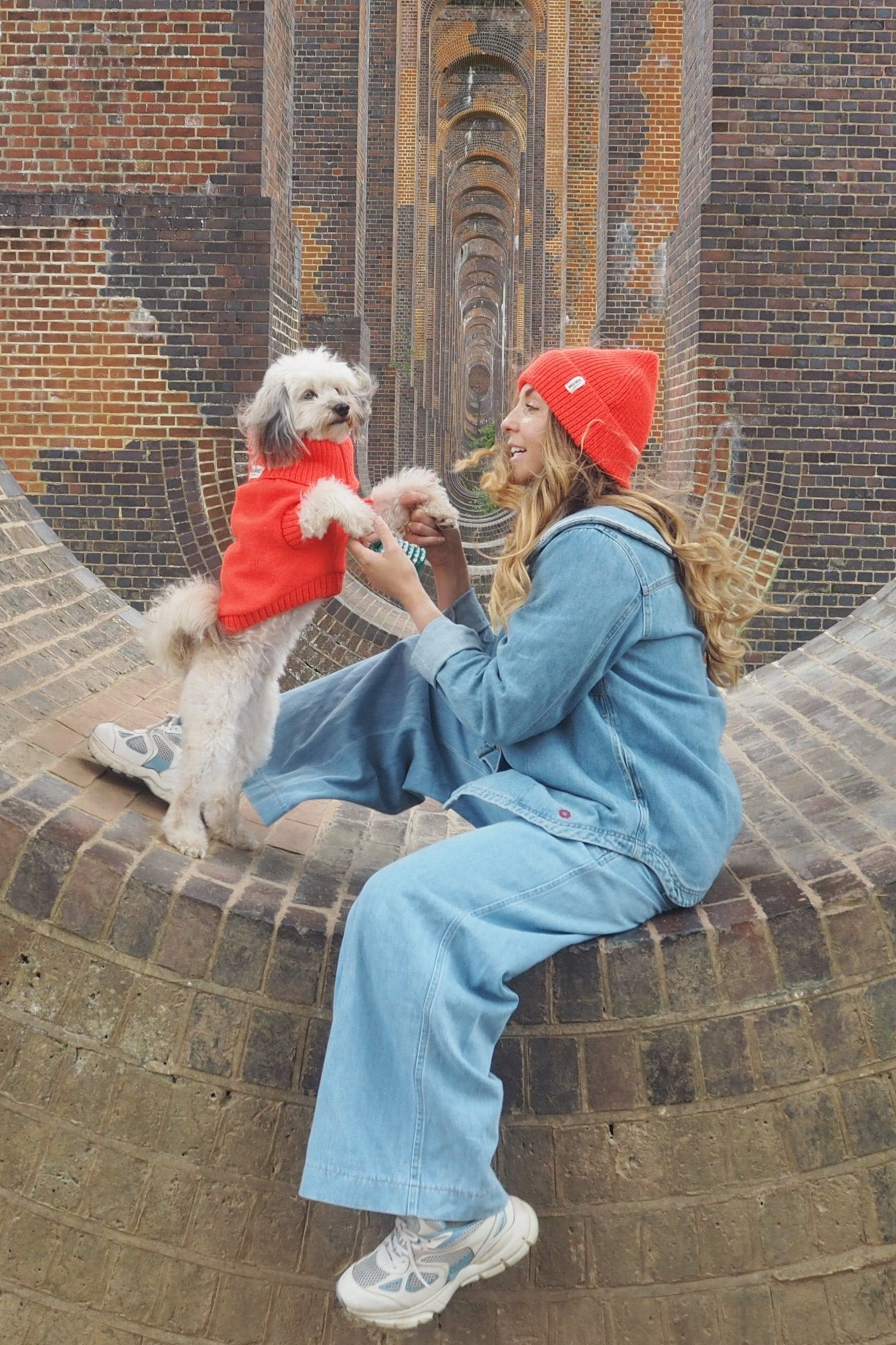 A person sitting on a brick structure with a small dog on their lap, both wearing matching lava orange jumpers.