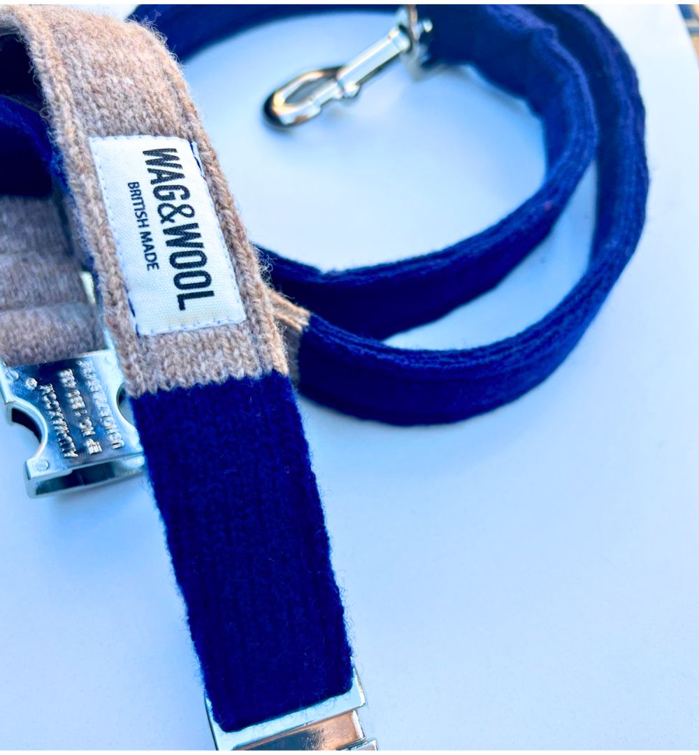 navy wool dog collar and lead