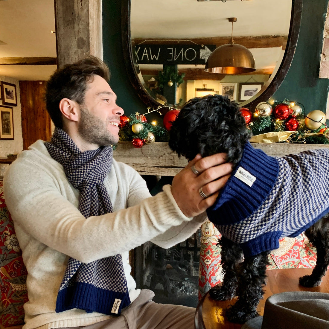 Mens Navy Wool Scarf and a dog in a matching jumper 