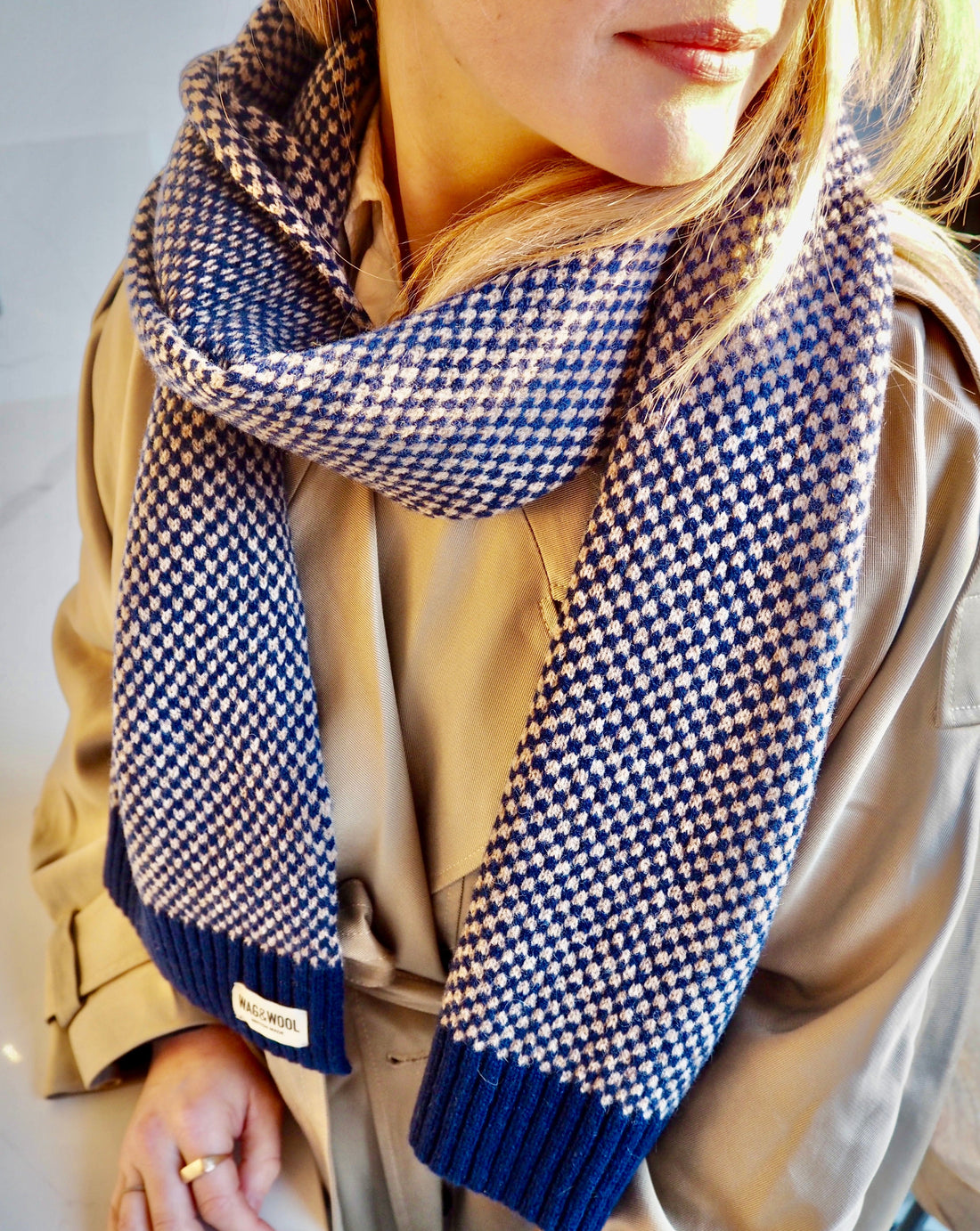 Navy wool scarf on a lady