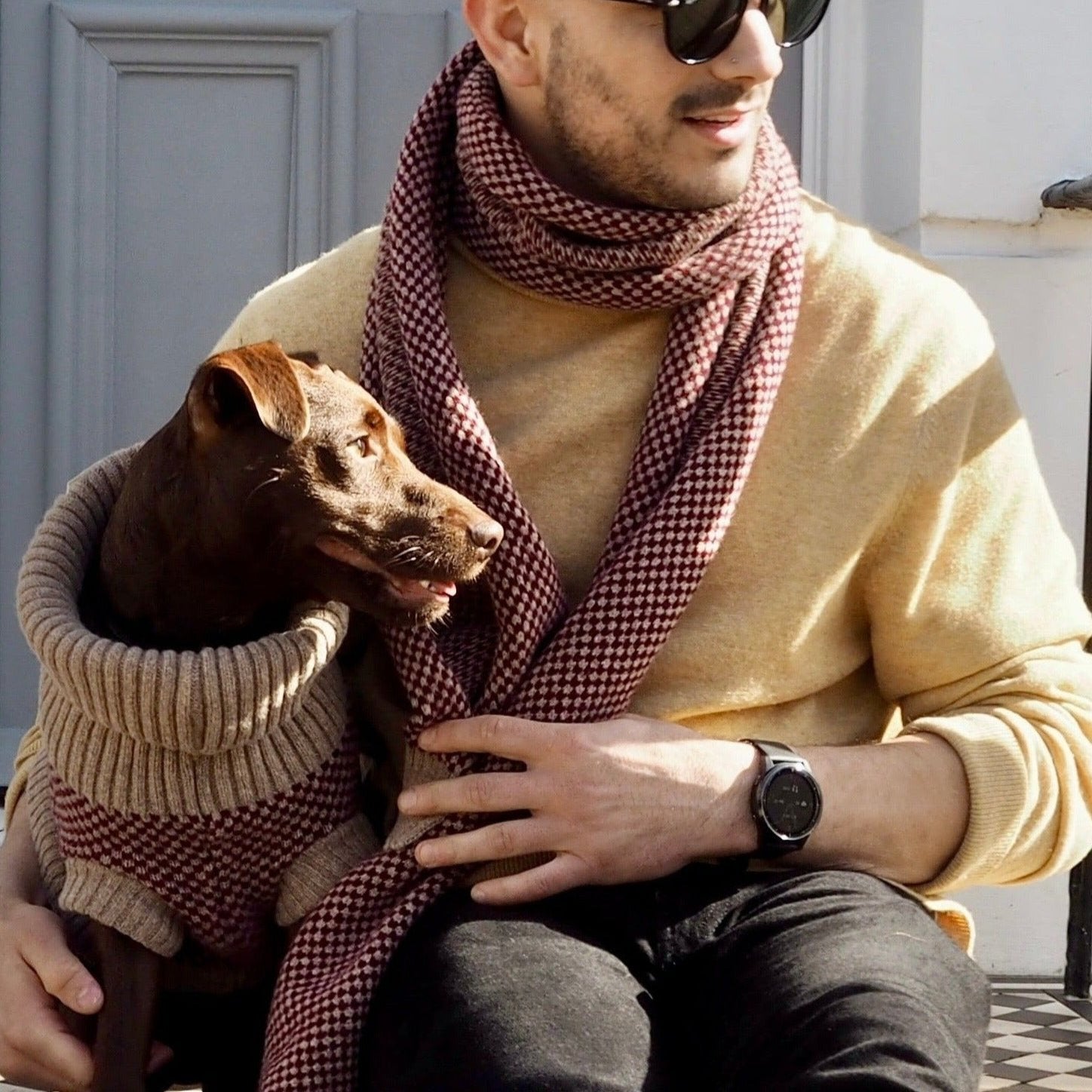 dog and dad in matching outfits 