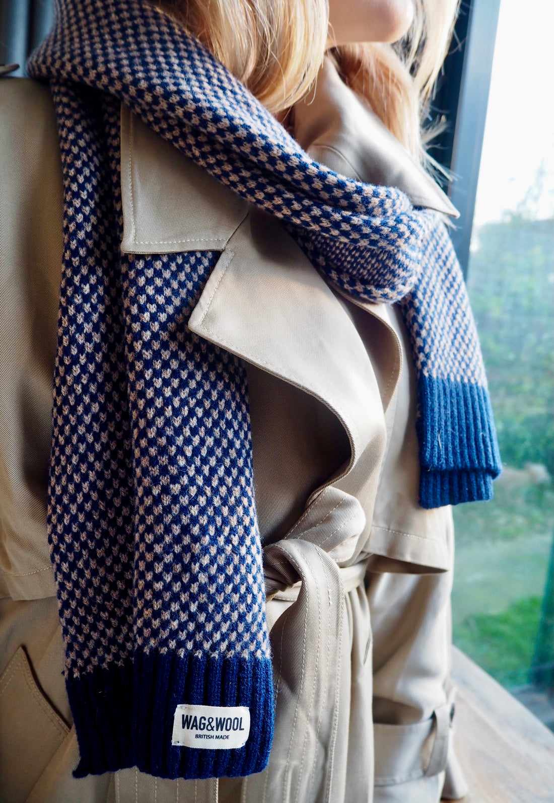 navy wool scarf over a classic mac