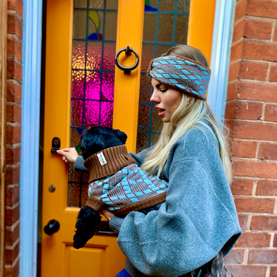 Turquoise And Brown Dog Jumper and Matching Headband