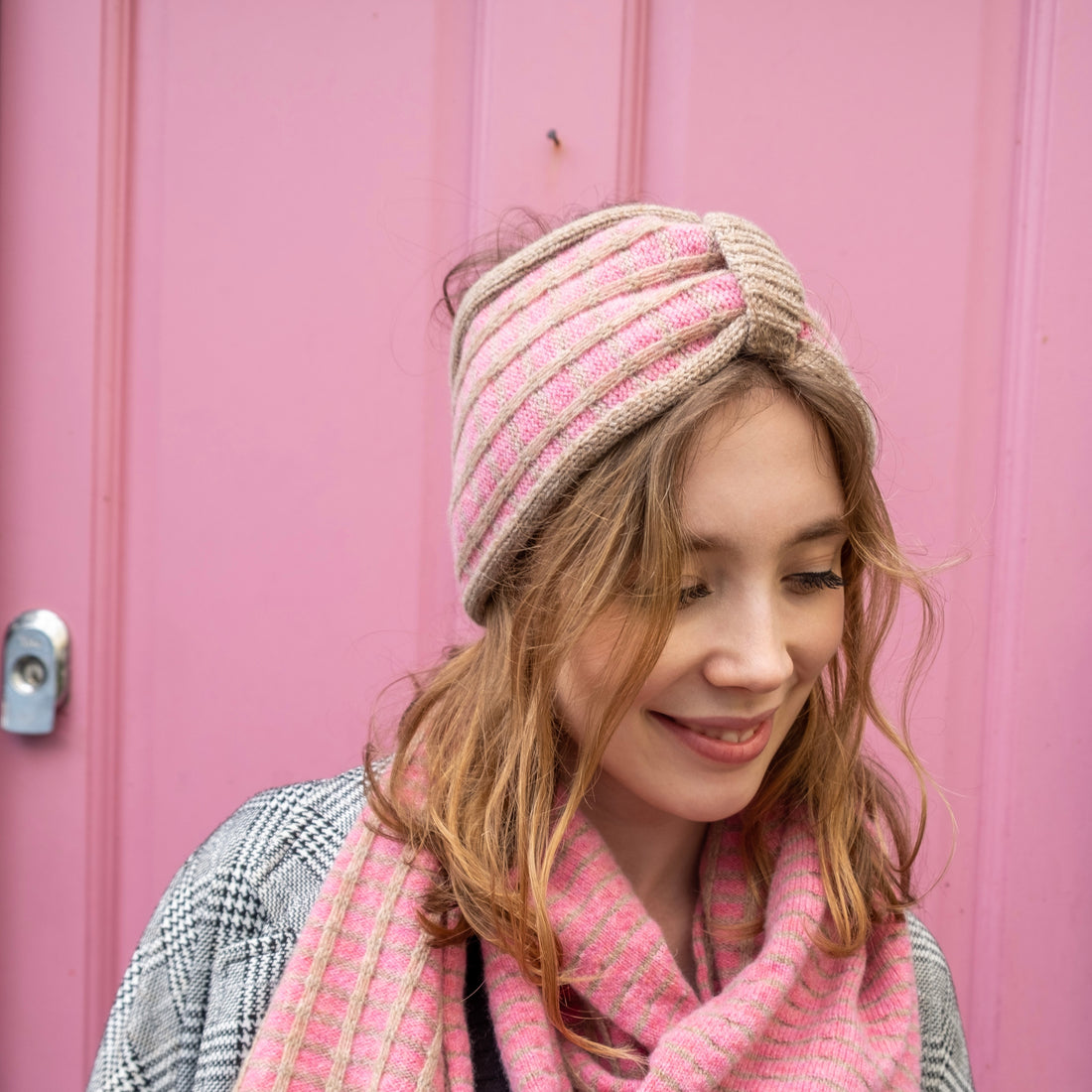 Pink Wool Headband on a lady