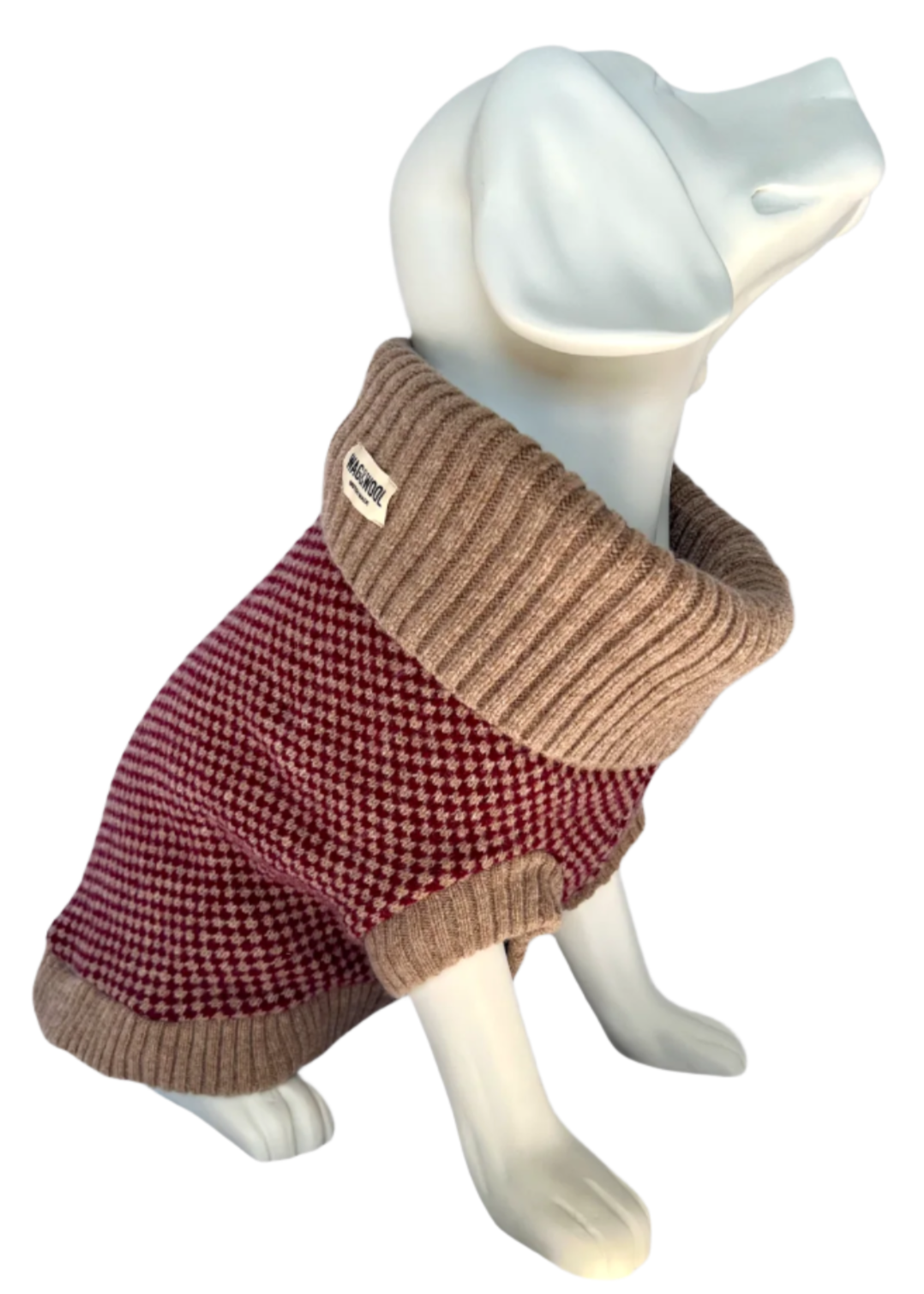 dog mannequin in a burgundy jumper