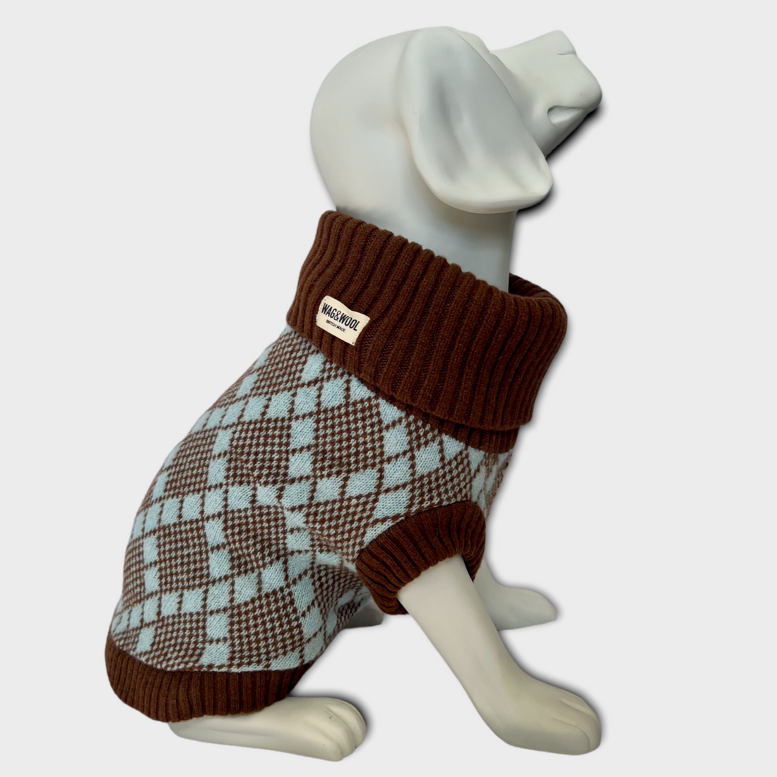 mannuquin in a turquoise and brown dog jumper 