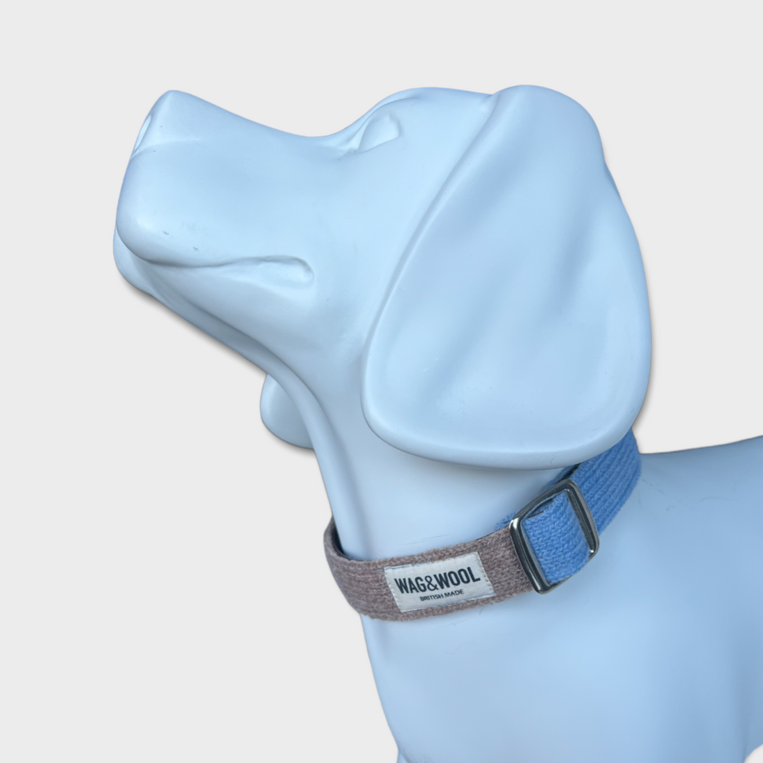 mannequin wearing a light blue dog collar 